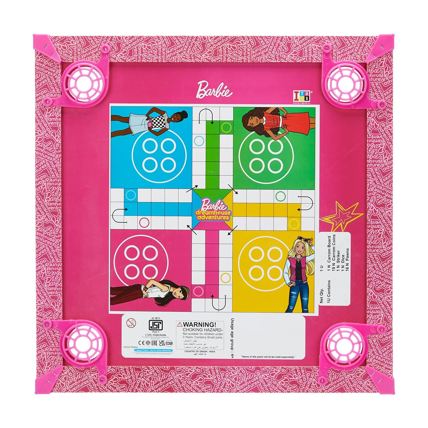 Amazon Brand - Jam & Honey Barbie Carrom Board for Kids 4+ Years, 20x20 Inch Wooden Set with Ludo, Snakes & Ladders, Multi Game Indoor Family Board Game, BIS Certified Safe