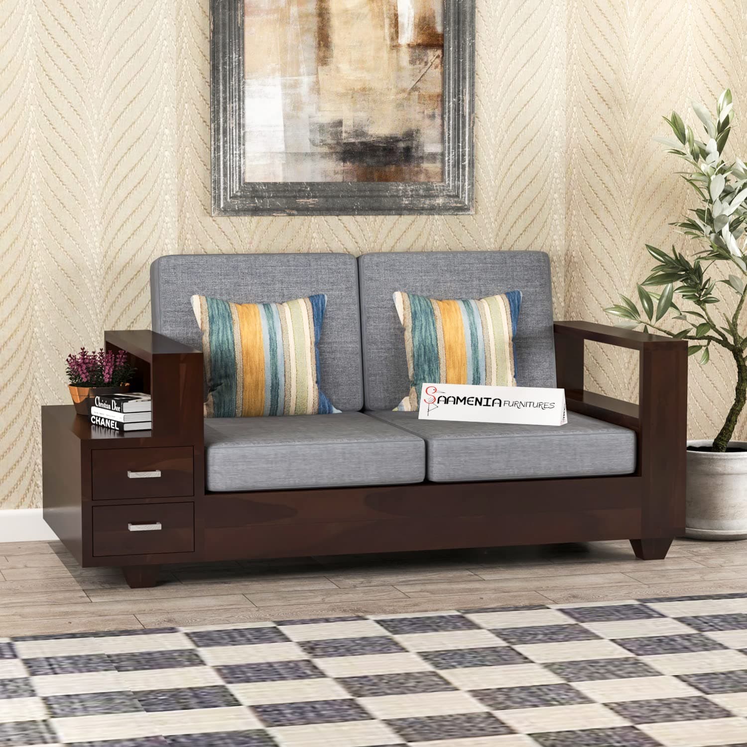 SAAMENIA FURNITURES Solid Sheesham Wood 2 Seater Sofa Set for Living Room Furniture - Walnut Finish (2 Seater)
