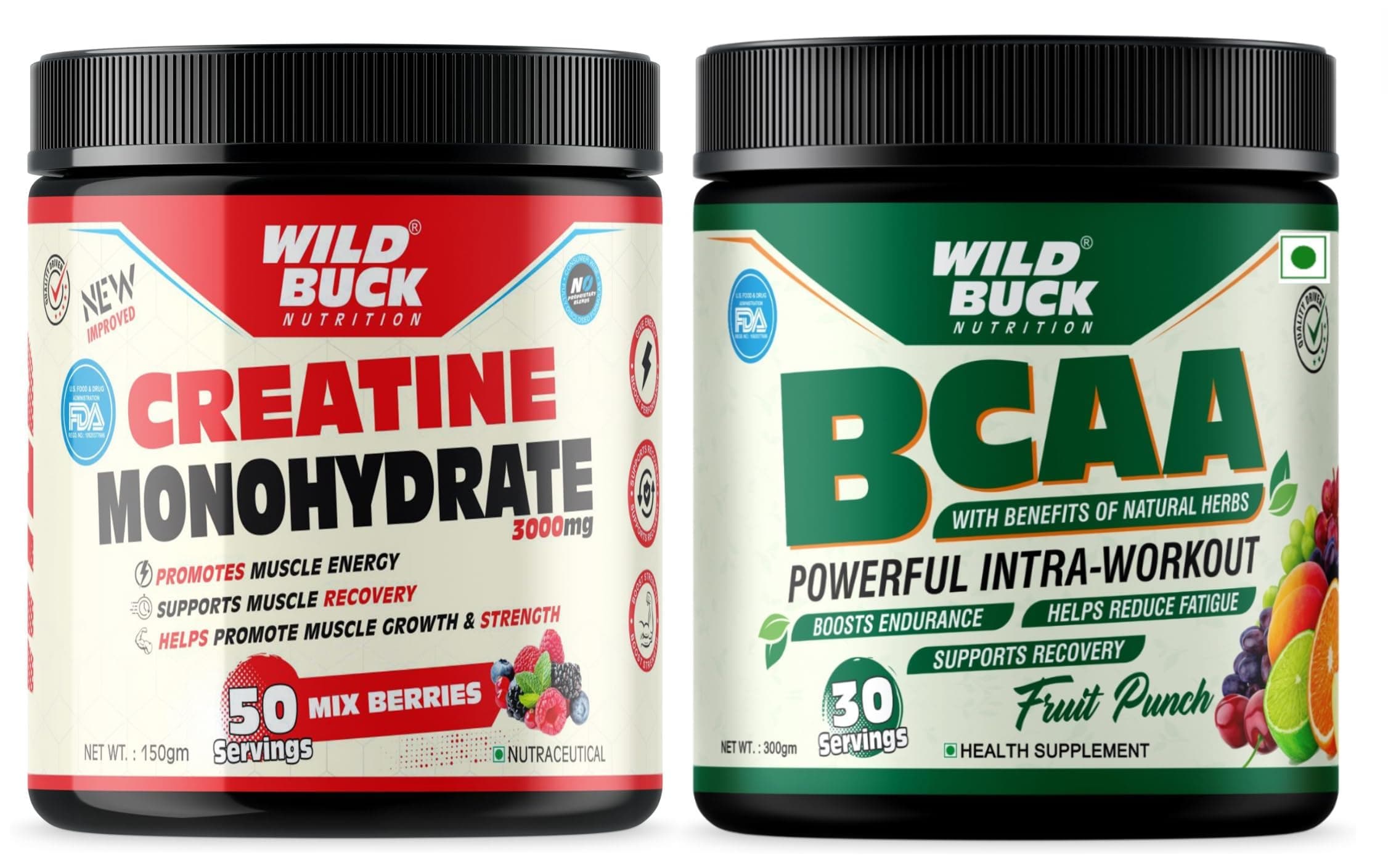 WILD BUCK Creatine Monohydrate, 100% Pure Creatine, Energy Support Supplement [50 Servings, Mix Berries] + Bcaa Powder With For Women & Men [Fruit Punch, 30 Servings, 300G]
