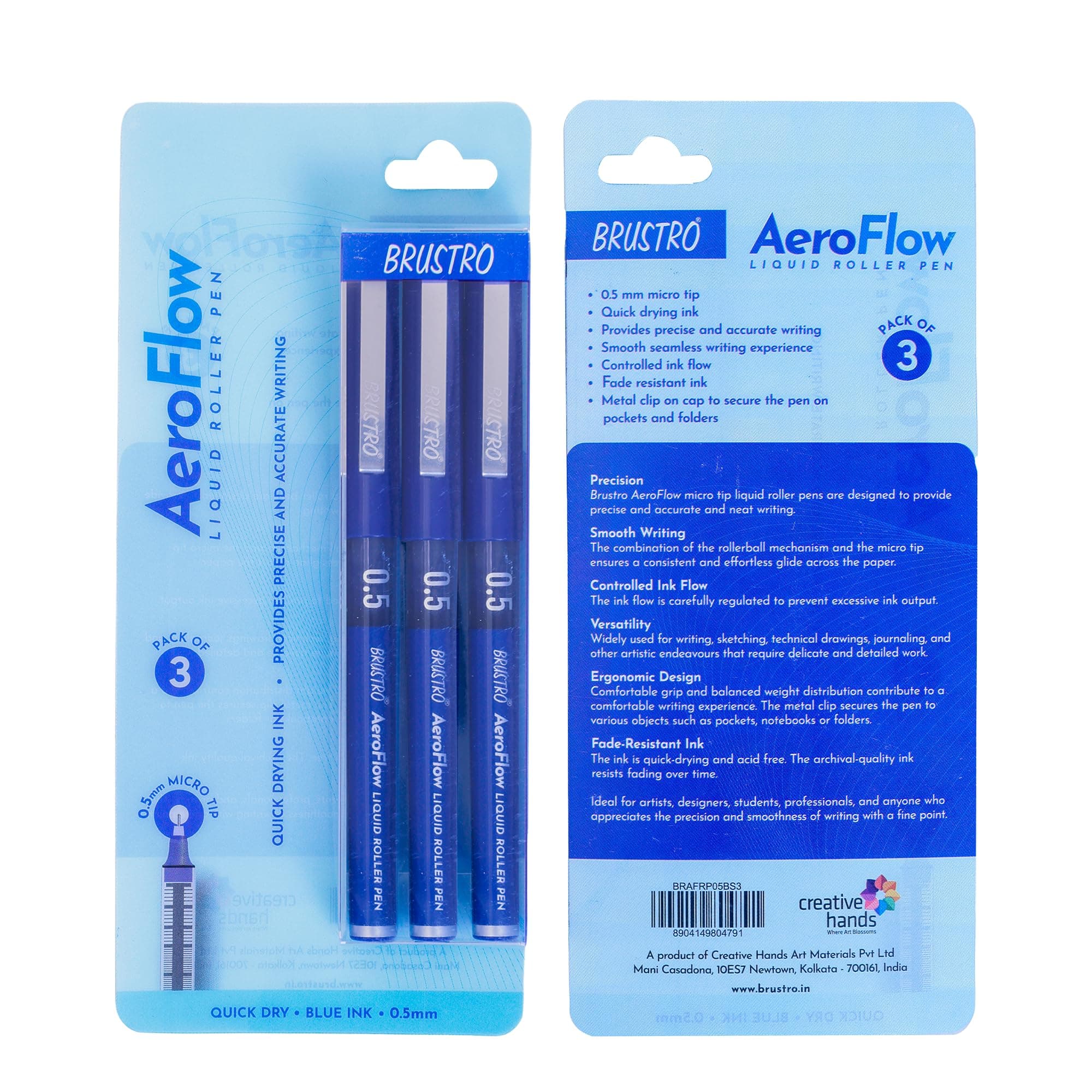 BRUSTRO AeroFlow Liquid Ink Rollerball Pens | Blue | 0.5mm, Micro Tip | Pack of 3| Ideal for Students, Professionals, Office, Exam use, Accurate Smooth Writing, Fade Resistant