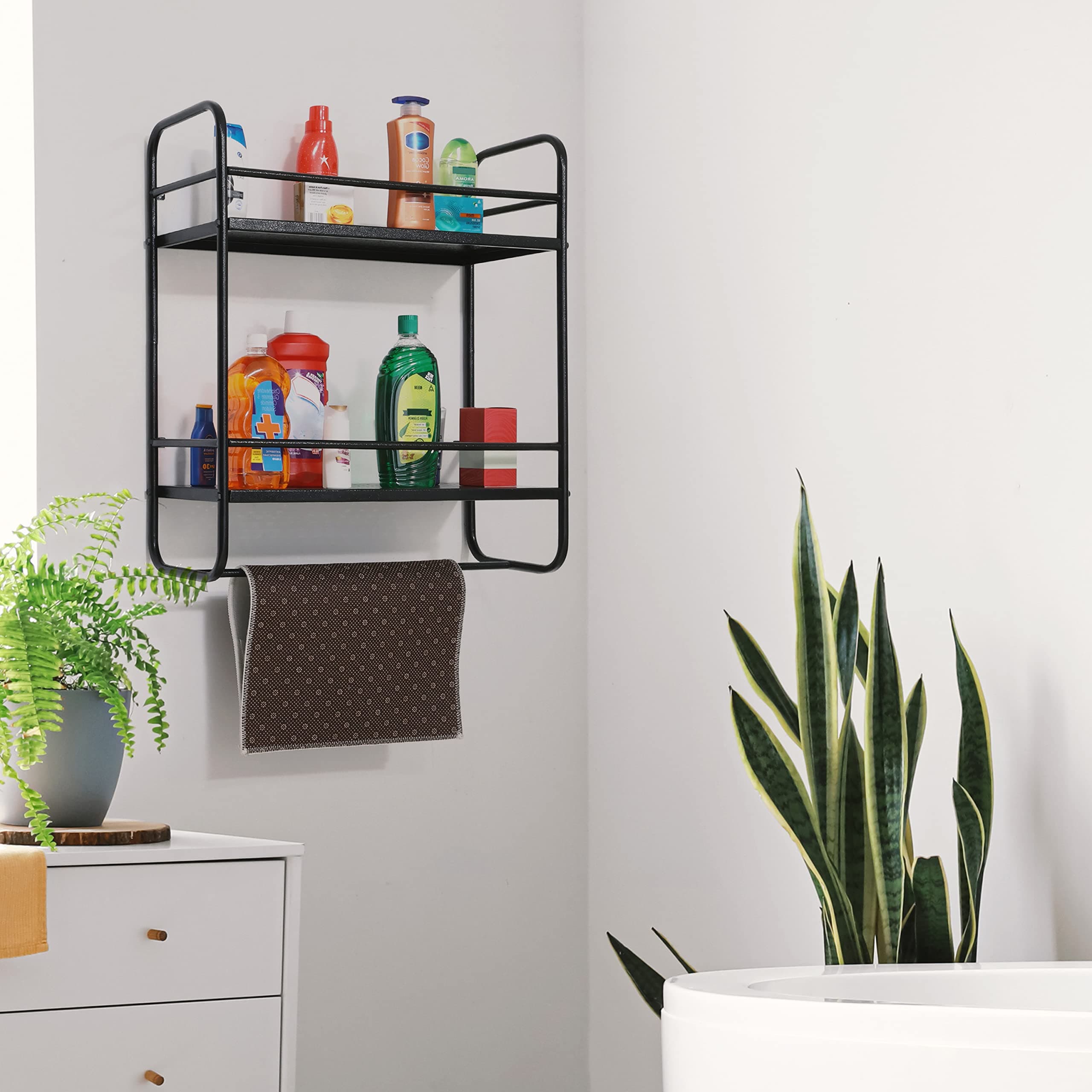 Livzing 2-Tier Multipurpose Stainless Steel Bathroom Shelf Organizer with Hooks-Bathroom Hardware-Wall Mount Hanging Stand-Towel Holder-Kitchen Storage Rack-Kitchen Holder for Home - Black