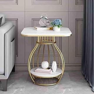 Modern Gold Metal Side Table with White Marble Finish Top & Bottom Shelf, 20 Inch Round End Table, 26 Inch Height Accent Table, Luxury Living Room Sofa Side Table, Bedroom Nightstand, Contemporary
