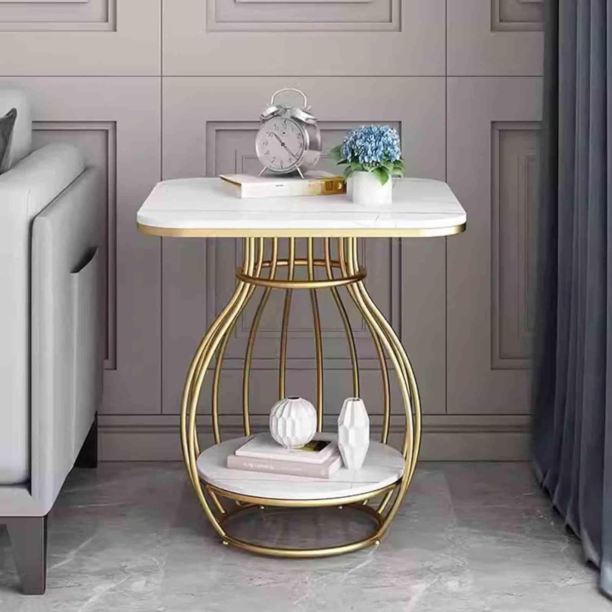 Modern Gold Metal Side Table with White Marble Finish Top & Bottom Shelf, 20 Inch Round End Table, 26 Inch Height Accent Table, Luxury Living Room Sofa Side Table, Bedroom Nightstand, Contemporary