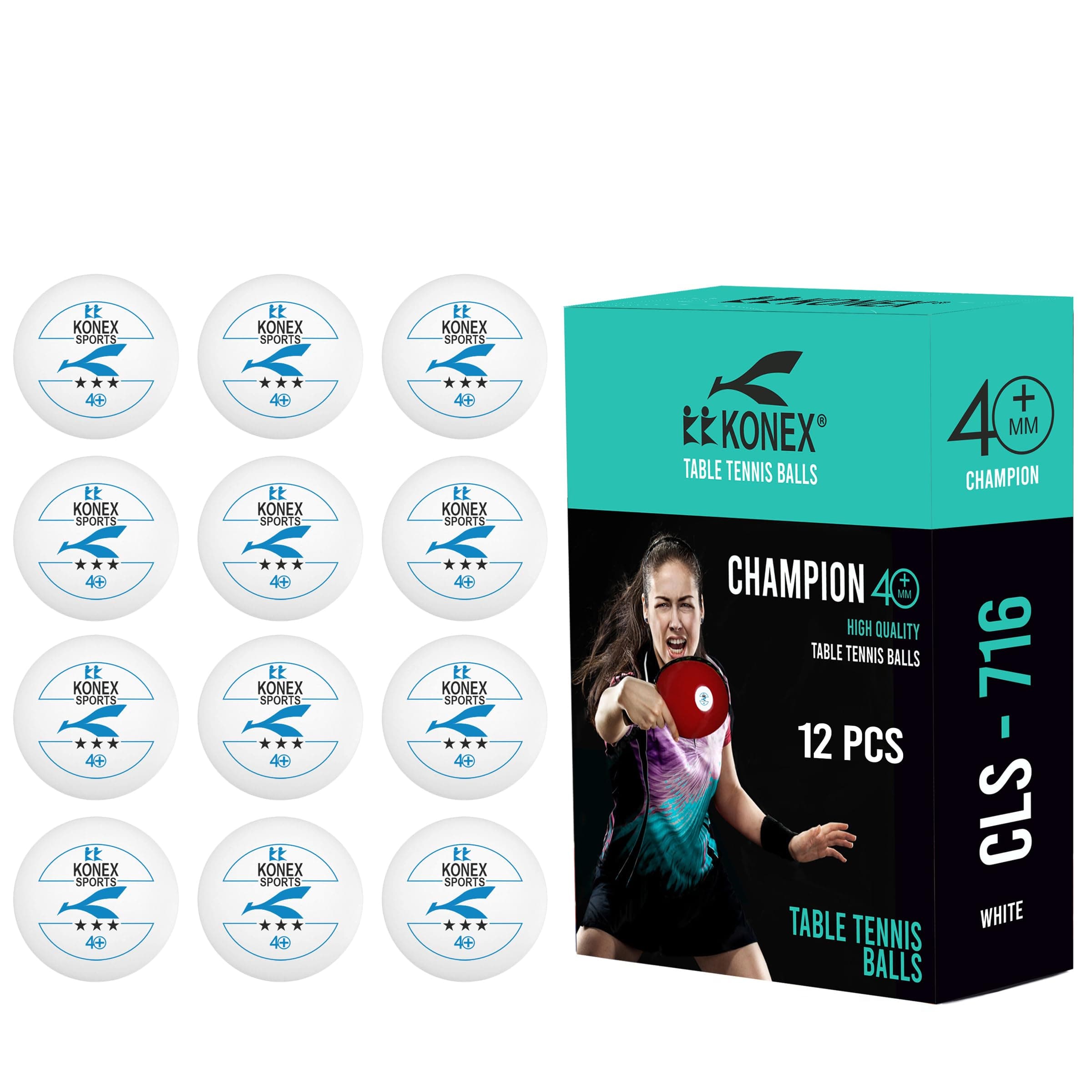 KONEX 40+ Table Tennis Balls | 3 Star | ABS | Pack of 12 | White