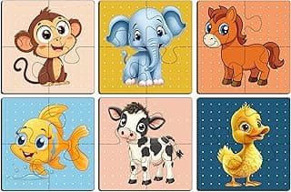 Wooden Jigsaw Puzzle Set of 6 for Kids | Pack of 6 Puzzles with 4 Pieces Each | Learning Toy for 2 3 4 5 Year Old Boys & Girls | Animal & Jungle Theme
