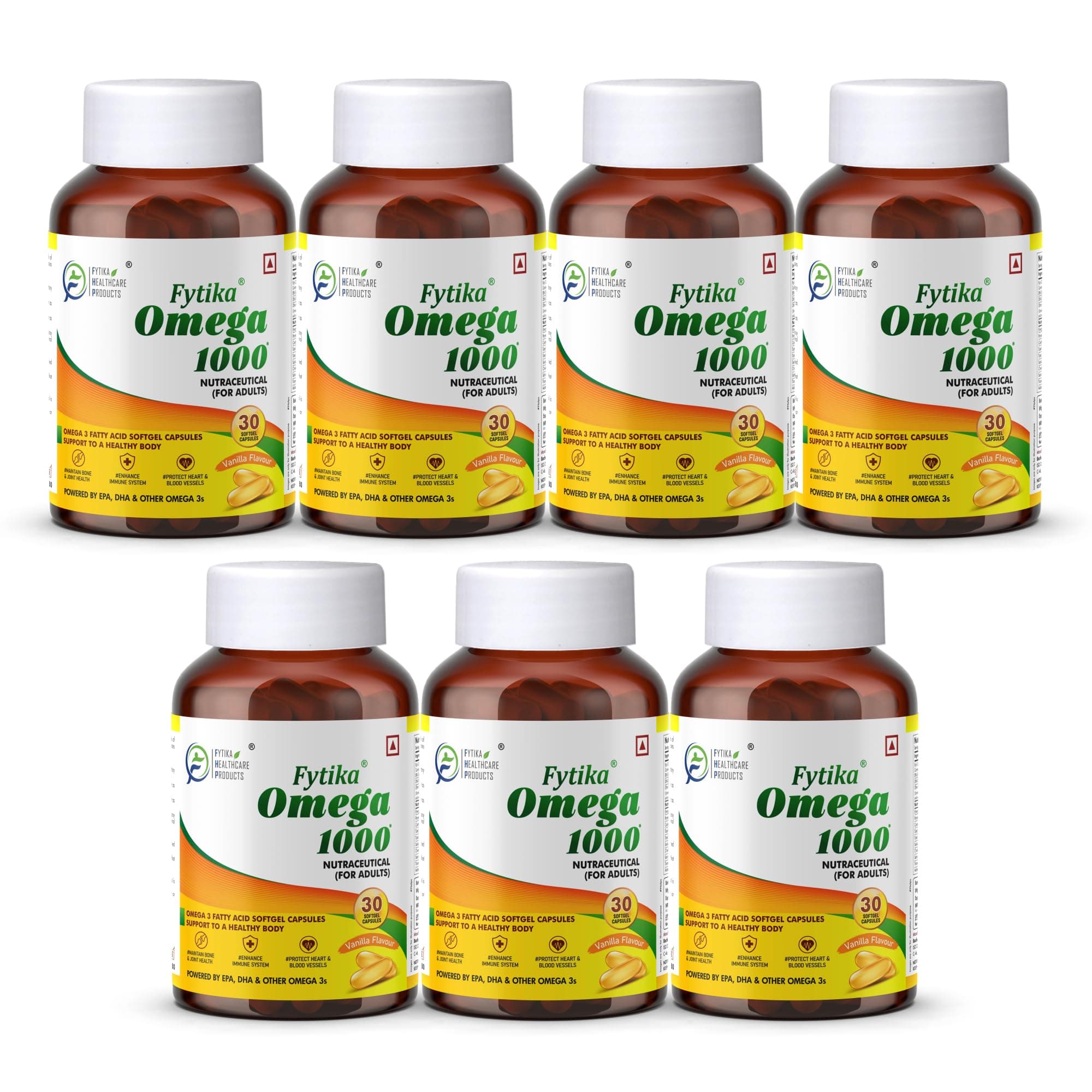 Fytika Omega 1000 Fish Oil Capsules for Heart, Brain, Joint & Muscle Support | Enriched with EPA 360 DHA 240 Omega Fatty Acids | Daily Wellness For Men Women | 210 Capsules Pack of 7
