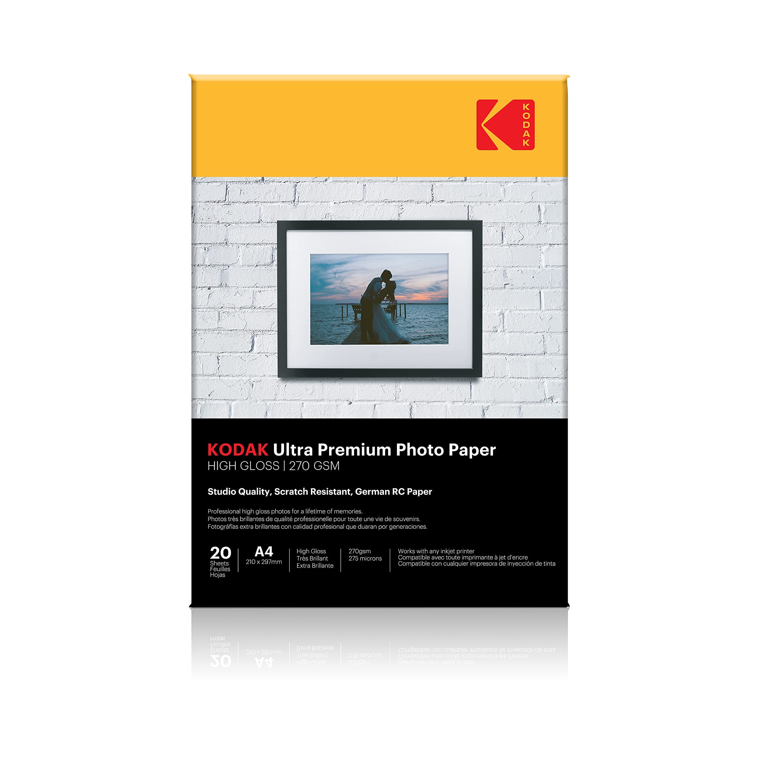 Kodak 270 GSM A4 Glossy Photo Paper Waterproof, Pack of 20 sheets, Compatible with all Inkjet Printers