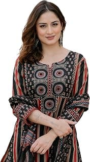 Arayna Women’s Pure Cotton Printed Kurta Pant Dupatta Set | Ajrakh-Inspired Ethnic Suit Set | Straight Fit 3-Piece Set for Women