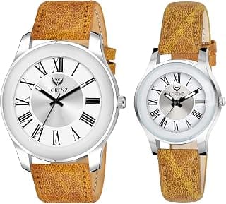 LORENZ Leather Combo Of Two Tone Dial Analog Couple Watch For Men & Women|Am-13A, Band_Tan, Dial_White