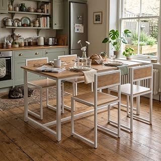 FFO 4 Seater Dining Table Set for Home, Compact Space Saving Dining Table with 4 Chairs, Metal Frame & Engineered Wood Top, Modern Kitchen Table Set for Dining Room, Apartment & Small Spaces