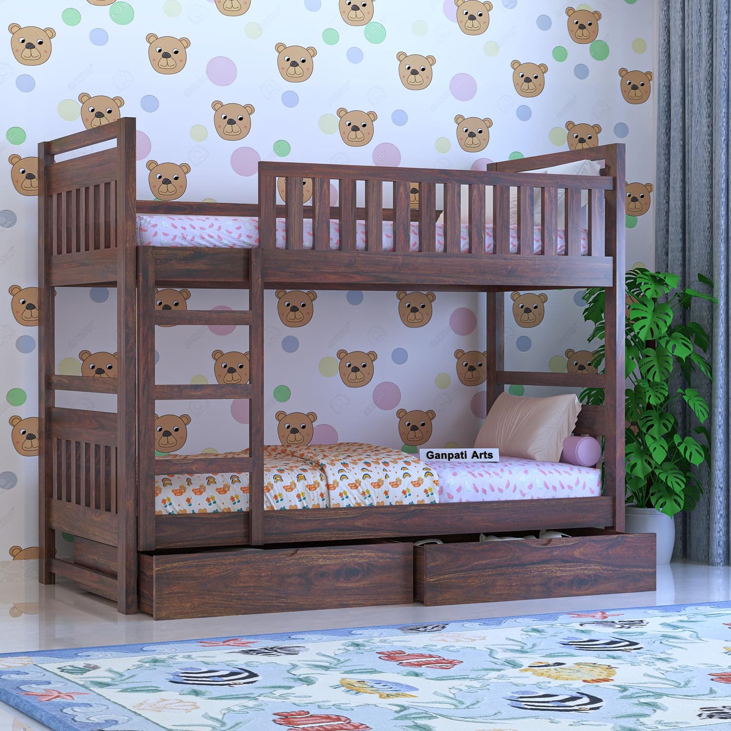 Ganpati Arts Solid Sheesham Wood Swift Bunk Bed Twin Over Bed with Ladder Wooden Bunk Bed with 2 Drawer Storage for Bedroom Living Room Home (Walnut Finish)