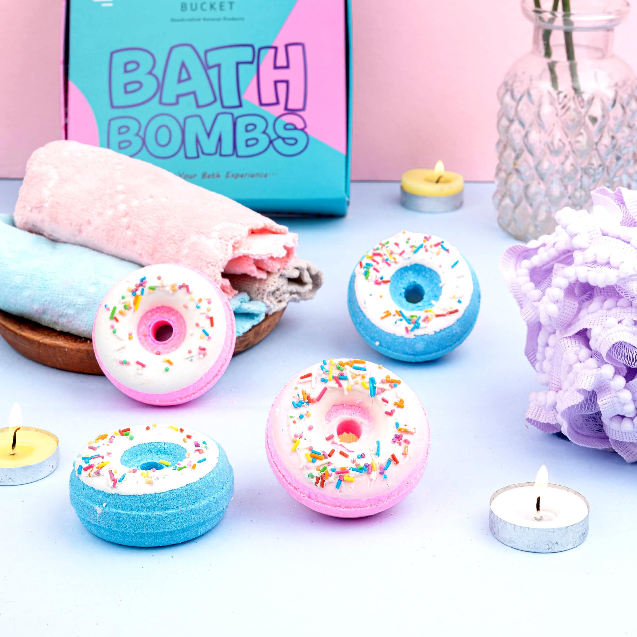 THE BODY BUCKET Blueberry & Cranberry Donut Bath Bombs - 65g Each (Pack of 4) | Natural Handcrafted Aromatic Fragrance | Relaxing Bubble Bath Experience | Ideal Gift for Kids, Men & Women