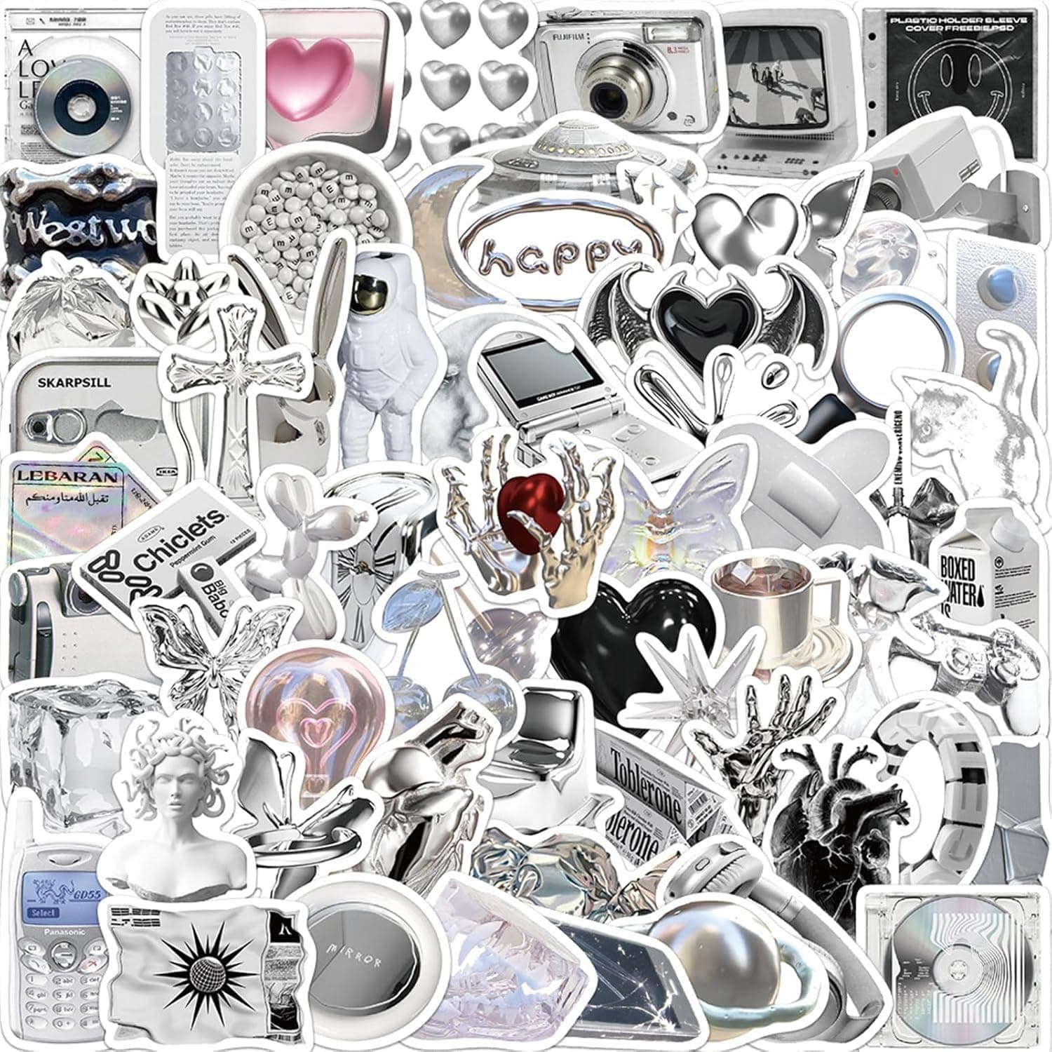 60PCS Aesthetic Silvery Stickers Y2K Sticker for Teens Adults Vinyl Waterproof Retro Vintage Stickers for Journaling Water Bottles Laptop Scrapbook Phone (Silvery_Sticker)