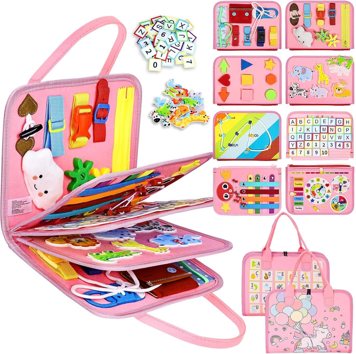 SHINETOY Montessori Busy Board Activity Book, Pink, Educational Learning Toy, Fine Motor Skills Development, Cognition and Hand-Eye Coordination, Portable Travel Toy with Handle, Fairy Pink