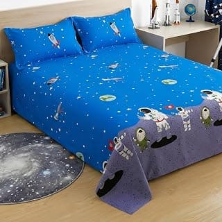 Story@Home Kids Double Bed Bedsheet Set – 180 TC Cotton Blend, Cosmic Adventure Design in Blue & Grey – 225 x 250 cm with 2 Pillow Covers – Soft Bedding for Boys & Girls | Kids Bed Sheet for Double