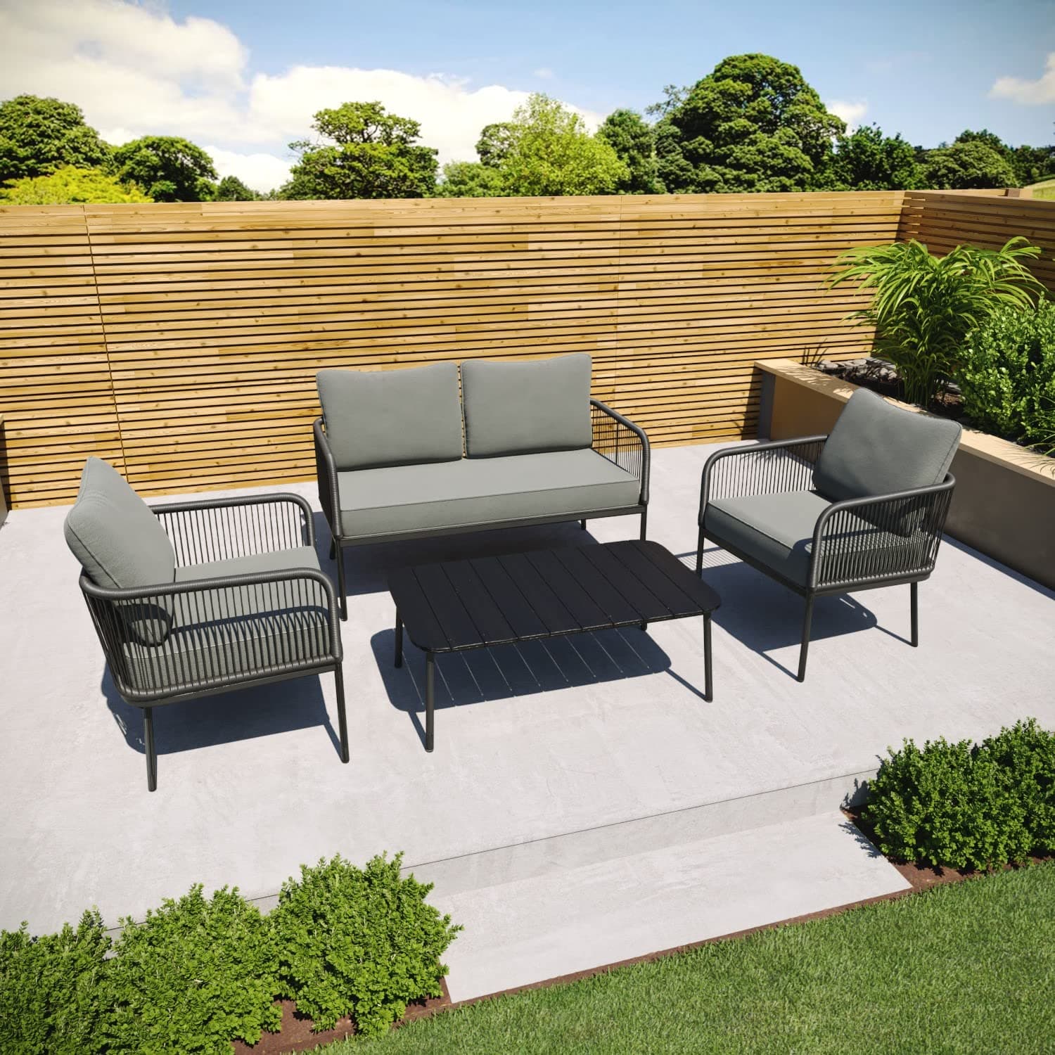 DEVOKO Outdoor and Indoor 4 Seater Sofa with Center Table Wooden Top and Cushion Rope Chairs Set for Garden, Balcony (Black and Grey)