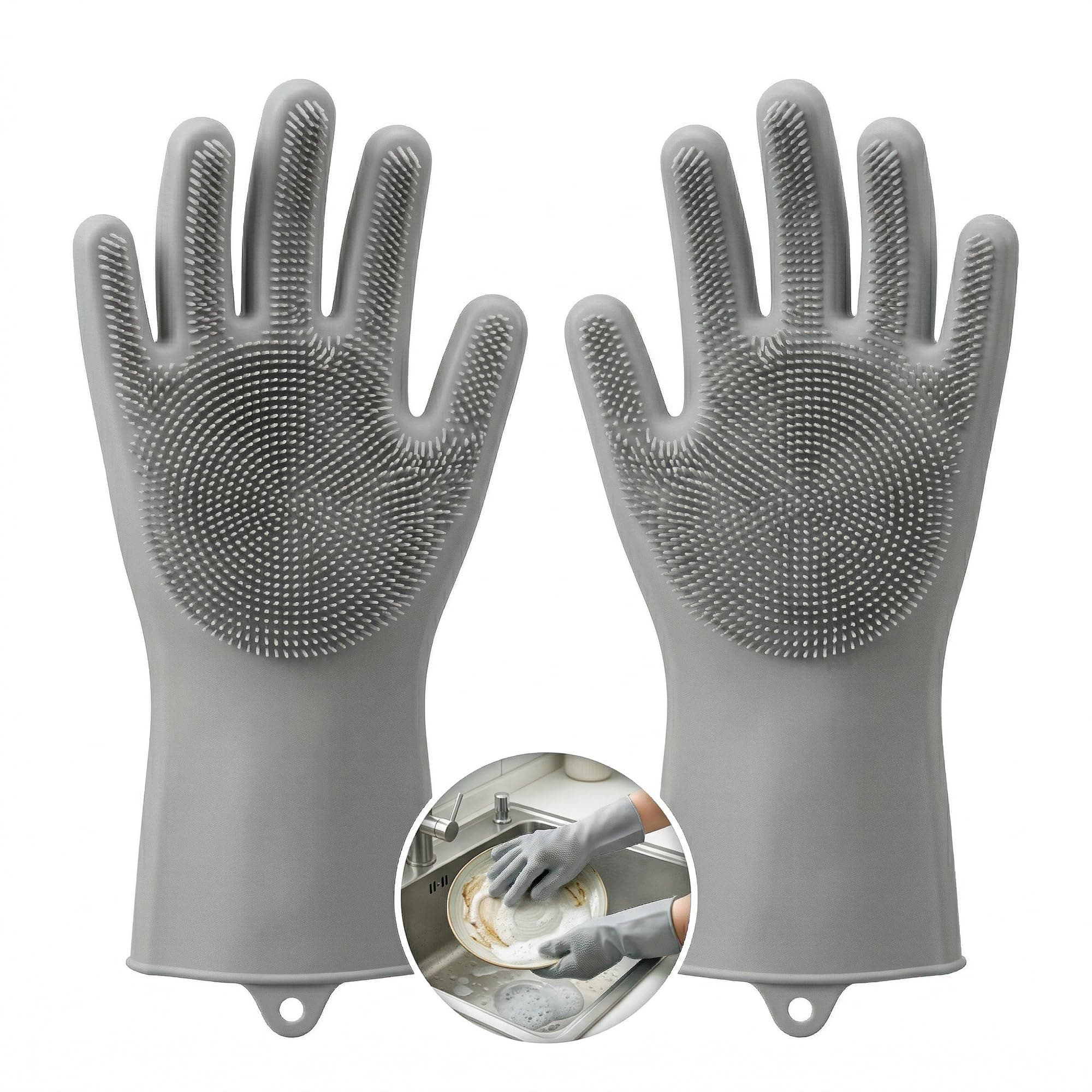 Kitchen Dishwashing Gloves for Washing Dishes – Reusable Rubber/Silicone Cleaning Gloves for Kitchen, Bathroom & Car Cleaning – Waterproof Household Hand Gloves for Women, Home Essentials (Grey)