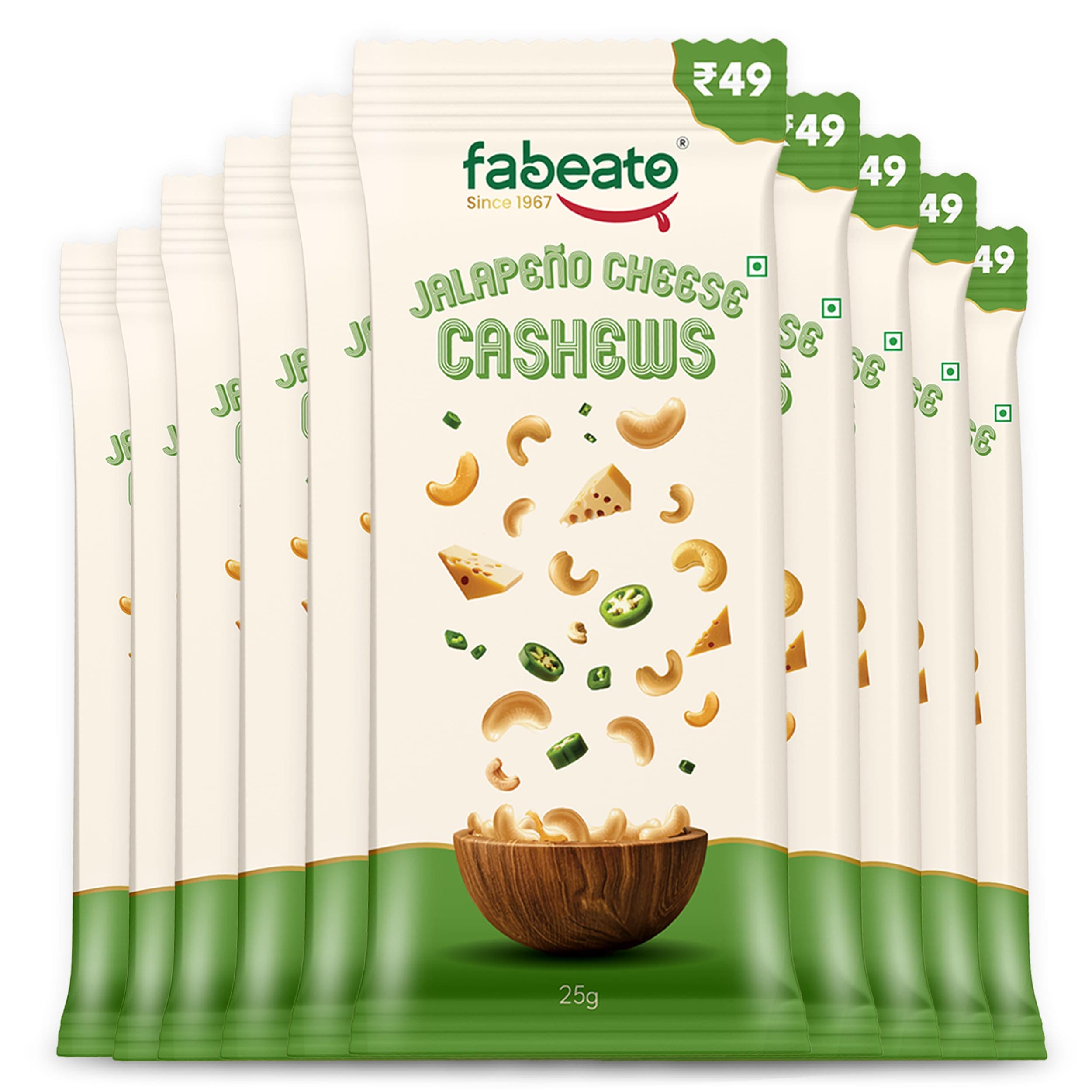 Fabeato Munch on the Go Snack Premium Jalapeno Cheese Cashews | Crunchy| Protein-Packed Each Pouch 25g | Pack of 10