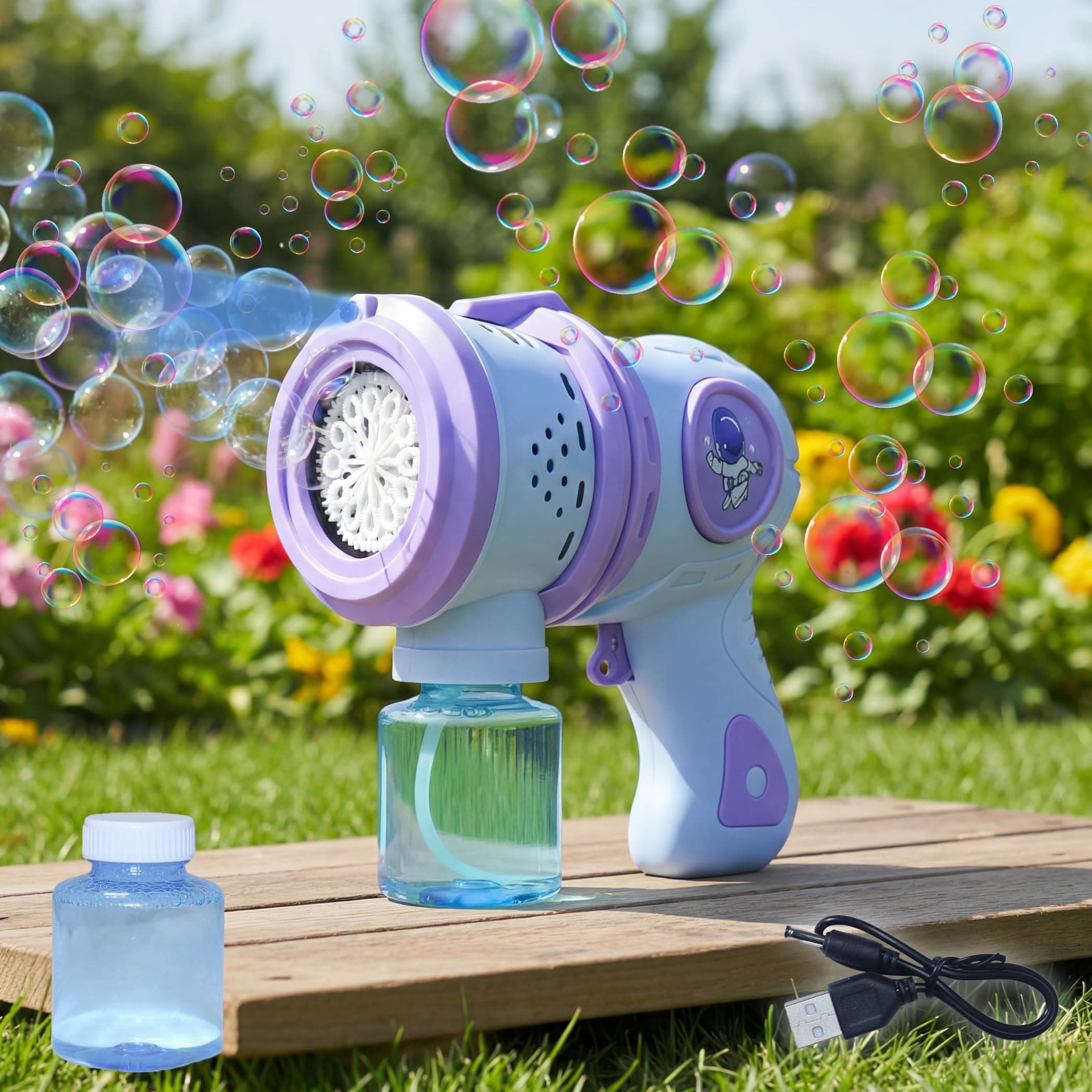 VikriDA Automatic Bubble Blower with LED Lights – 5000+ Bubbles/Min – Includes Charging Cable, 2 Bubble Solution Bottles – Blue