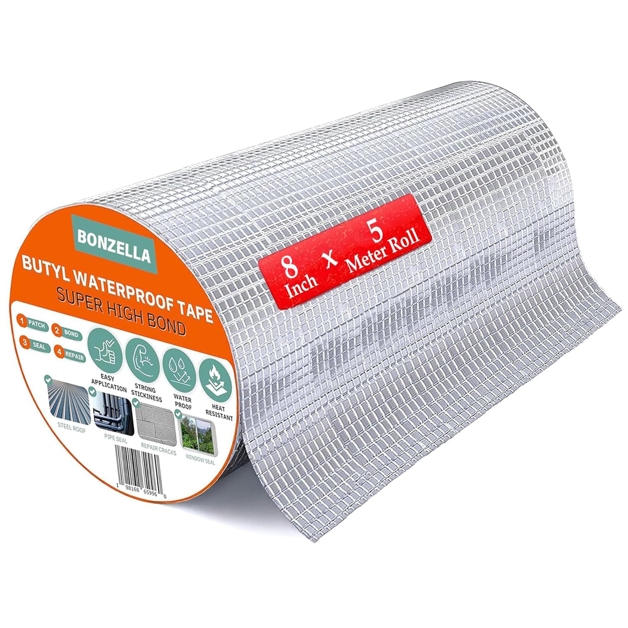 BONZELLA Waterproof Tape for Roof & Pipe Leakage Solution 8inch x 5m Roll,Strong Adhesive Aluminum Foil Butyl Rubber Waterproofing Tape for Repair Water Tank leakage Seal Tape,Silver