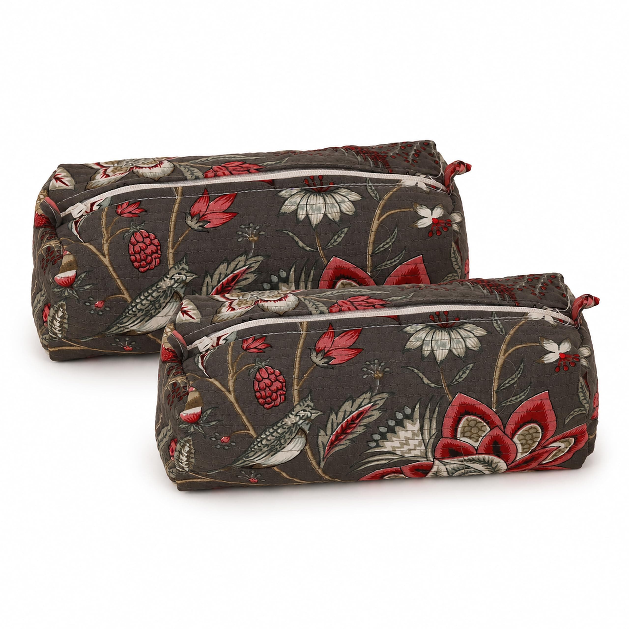 Clasiko Toiletry Pouch - Travel Cotton Organiser Cosmetic Makeup Bag Set of 2 Floral Printed Zip Multipurpose Toiletry Pouches for Men, Women (Grey)