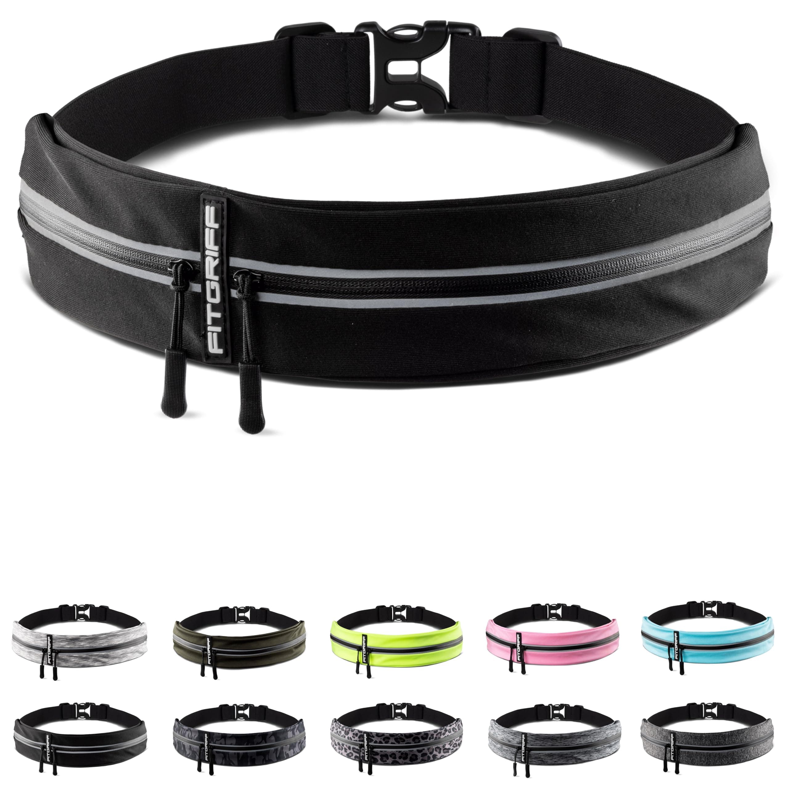 Fitgriff® Running Belt for Phone, Waist Bag for Running, Sports Fitness Bum-Bag (Waterproof) - for Women and Men (25" - 43" Waist Size, Black)