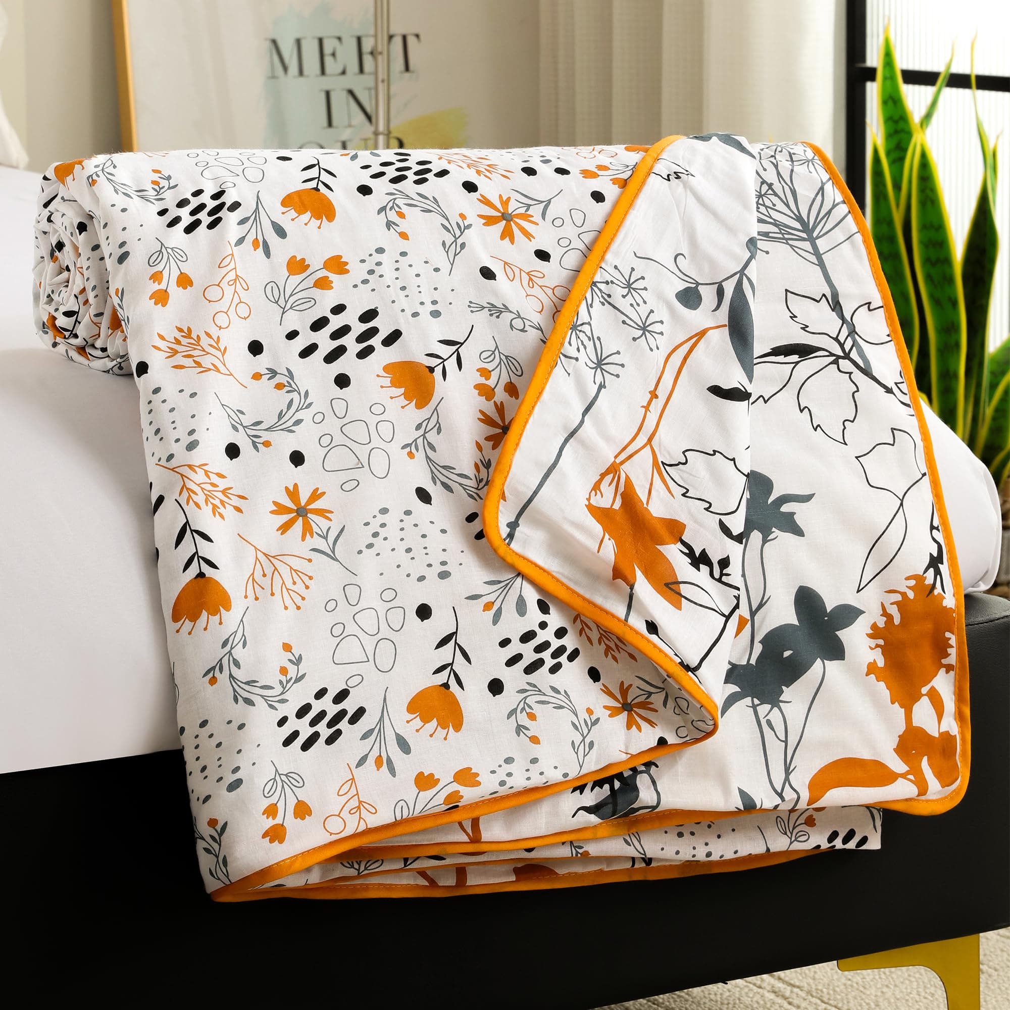 Story@Home Dohar Double Bed Cotton 100% | 150GSM Quilt AC Blanket for Summer | 225 x240 cm Reversible and Cozy AC Comforter Double Bed |Yellow & White| Floral Design Duvet | All-Season Blanket