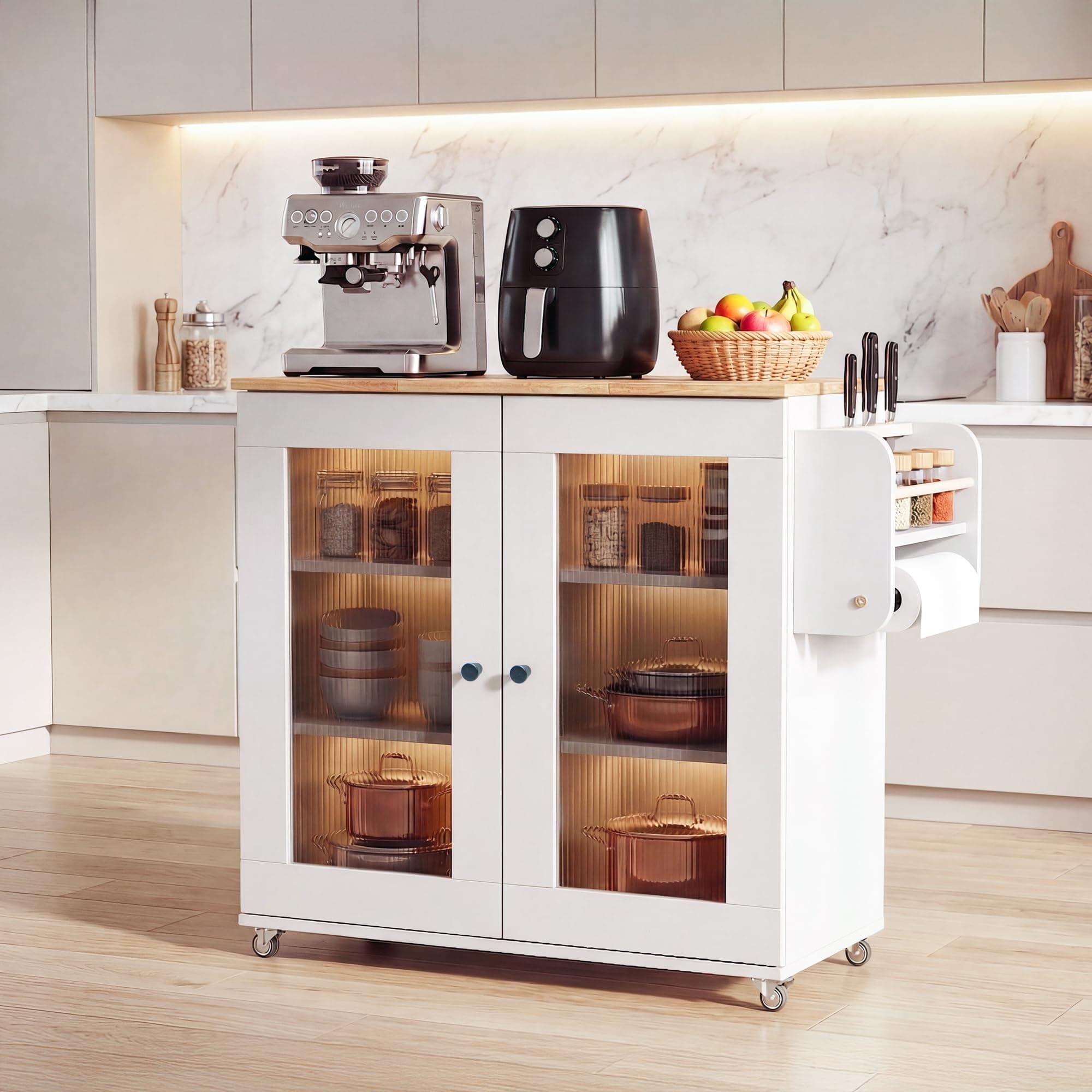 Rocco Walky Kitchen Island Storage Cabinet with Wheels, Solid Rubber Wood Top, Fluted Acrylic Doors, Built-in Power Sockets & LED Lights, Soft-Close Hinges & Side Organizer (White, Medium Size)