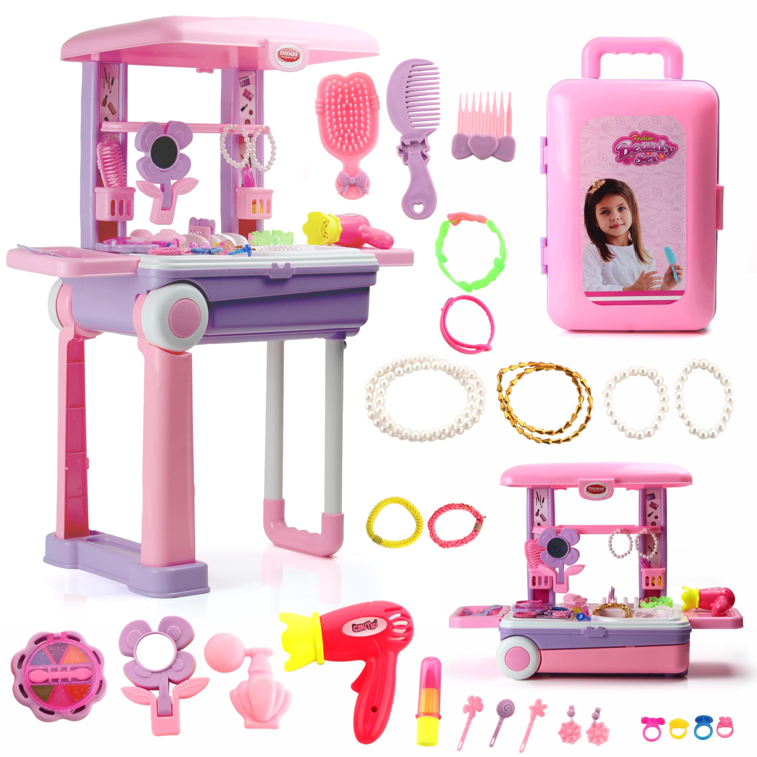 Chanak Beauty Set Suitcase on Wheel - Ultimate Makeup Kit for Girls, Easy to Clean & Use, Portable with 23 Pieces, 3 Years BIS Approved (Trolley)