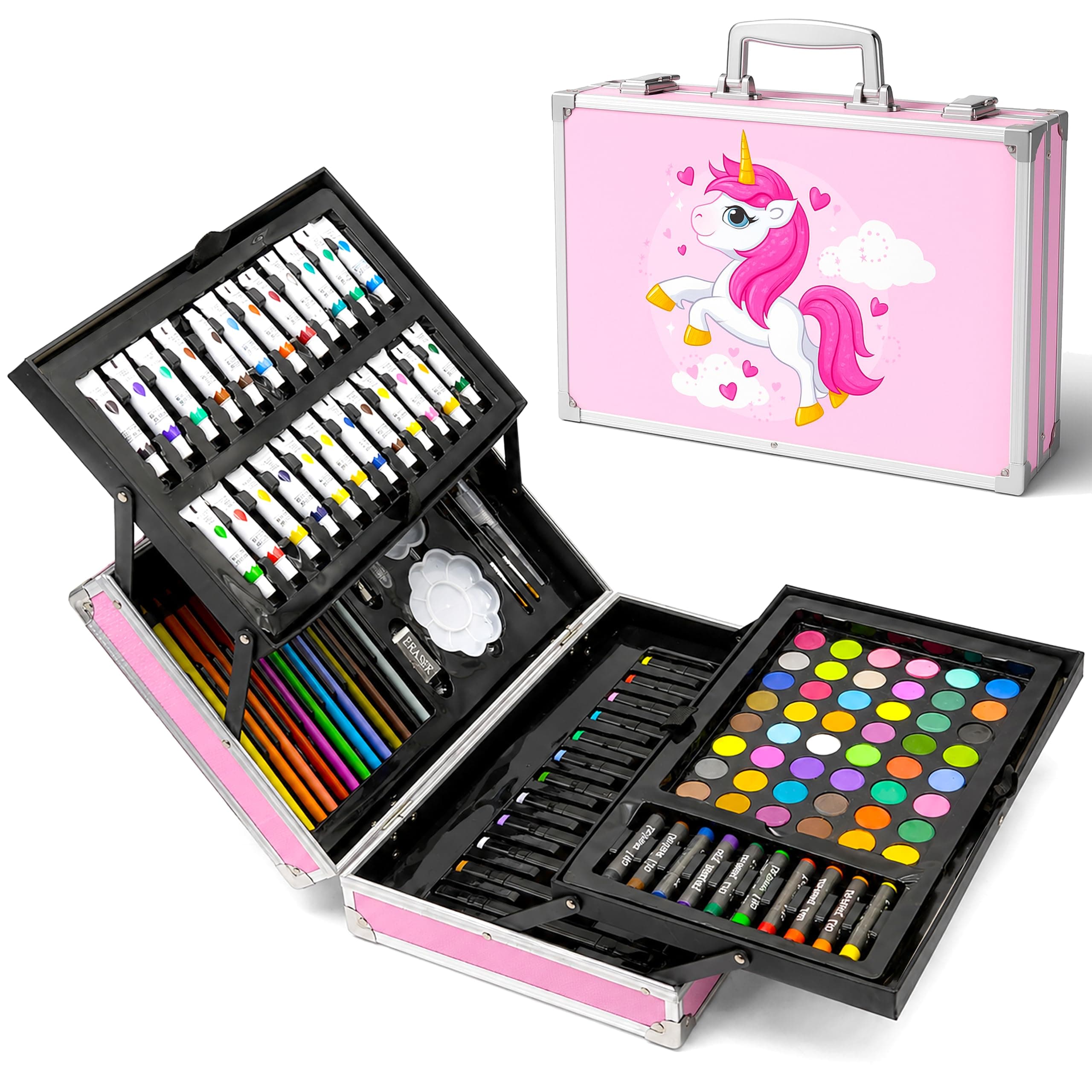 VGRASSP 145 Pcs Unicorn Theme Drawing and Painting Kit Toy for Kids, Boys, Girls - Portable School Stationery Set with Colors, Watercolors, Color Pencils, Sketch Pens