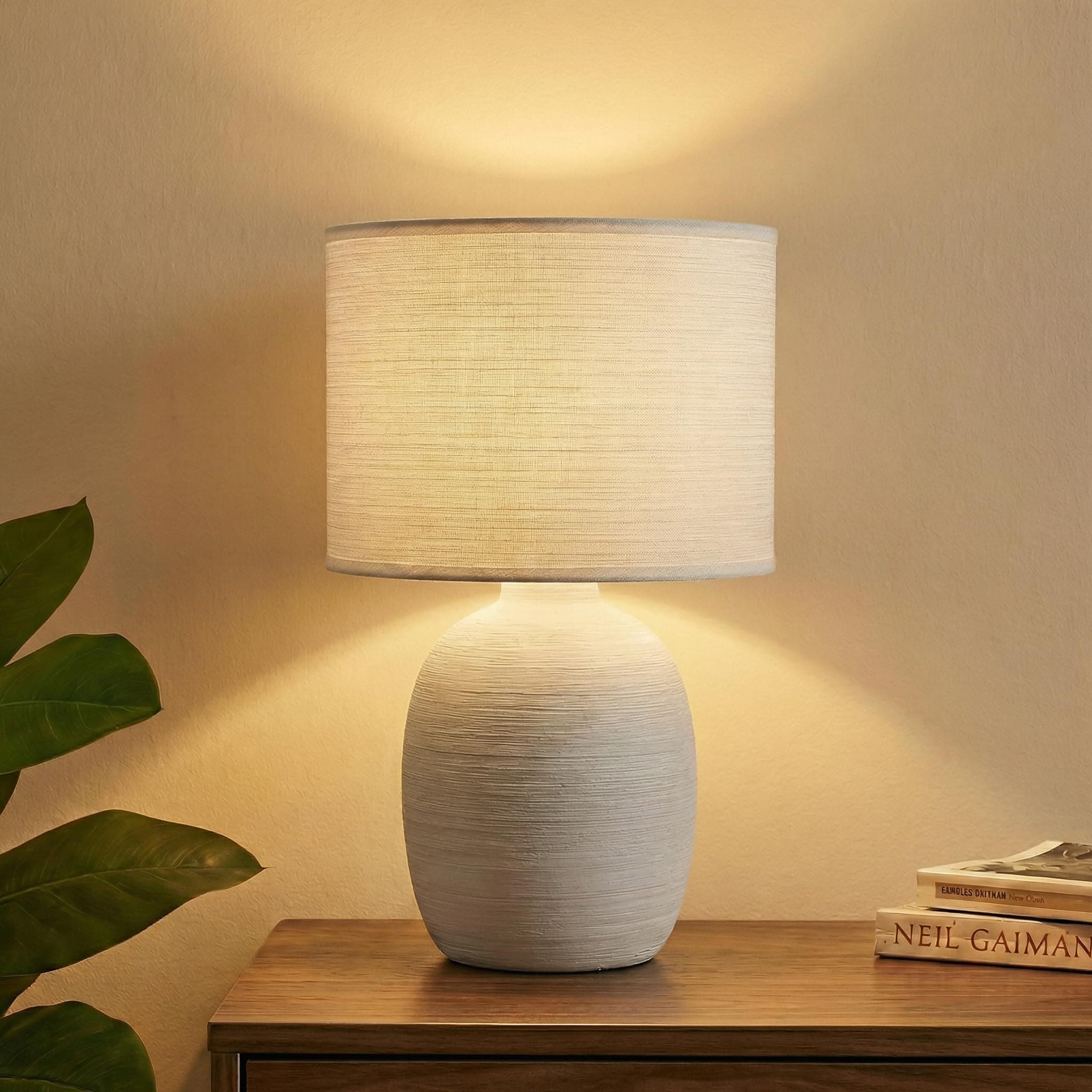 Decor & More Modern Ceramic Base Bedside LED Table Lamp | Table Lamps For Home Decoration And Bedroom Decor With On/Off Button | Night Lamp With Cotton Fabric Shade Bulb Not Included, Off White