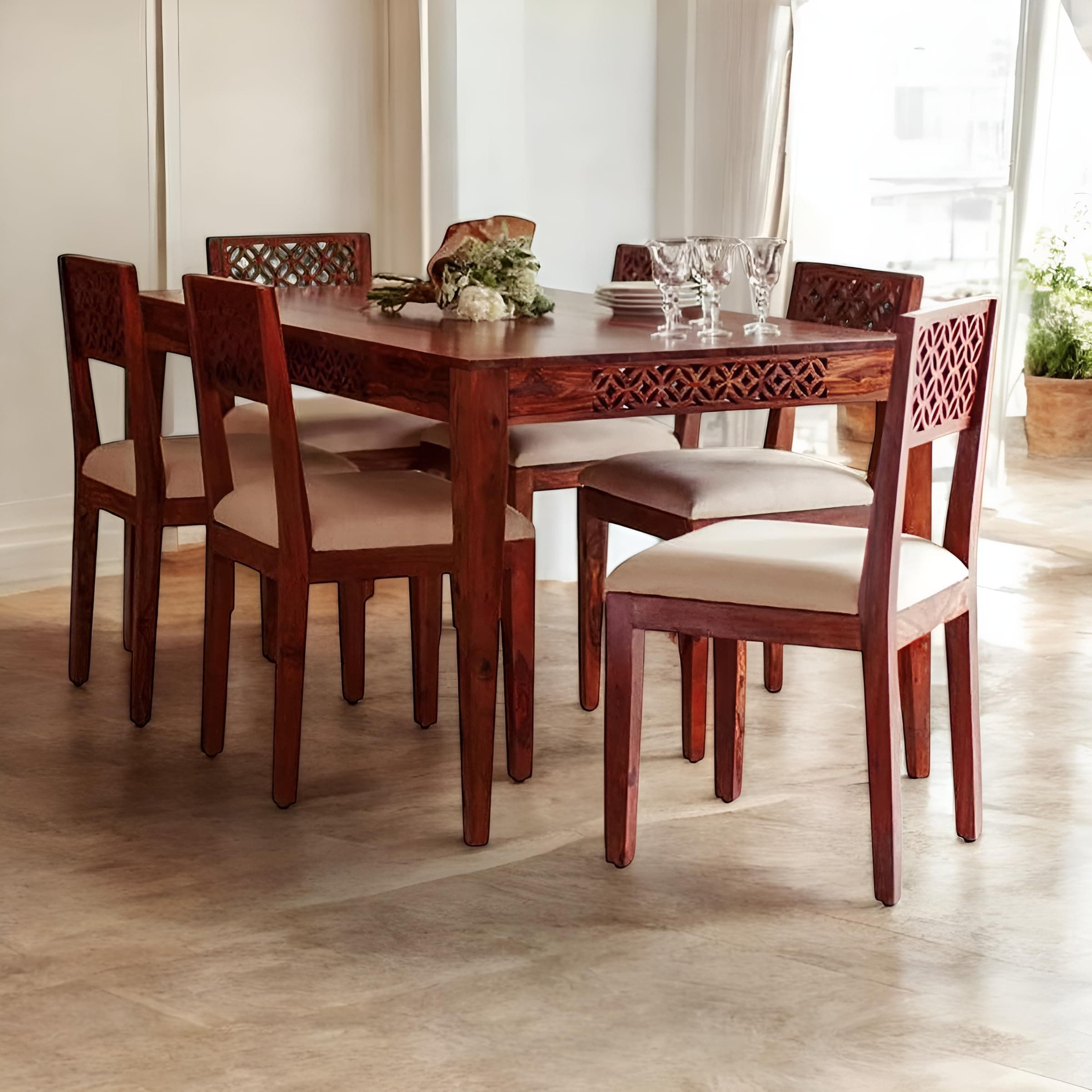 DRIFTINGWOOD Maharaja Solid Sheesham Wood Dining Table 6 Seater | Wooden Six Seater Dinning Table with Cushion Chairs | Dinner Table 6 Seater | Dining Room Sets | Self Assembly, Honey Finish