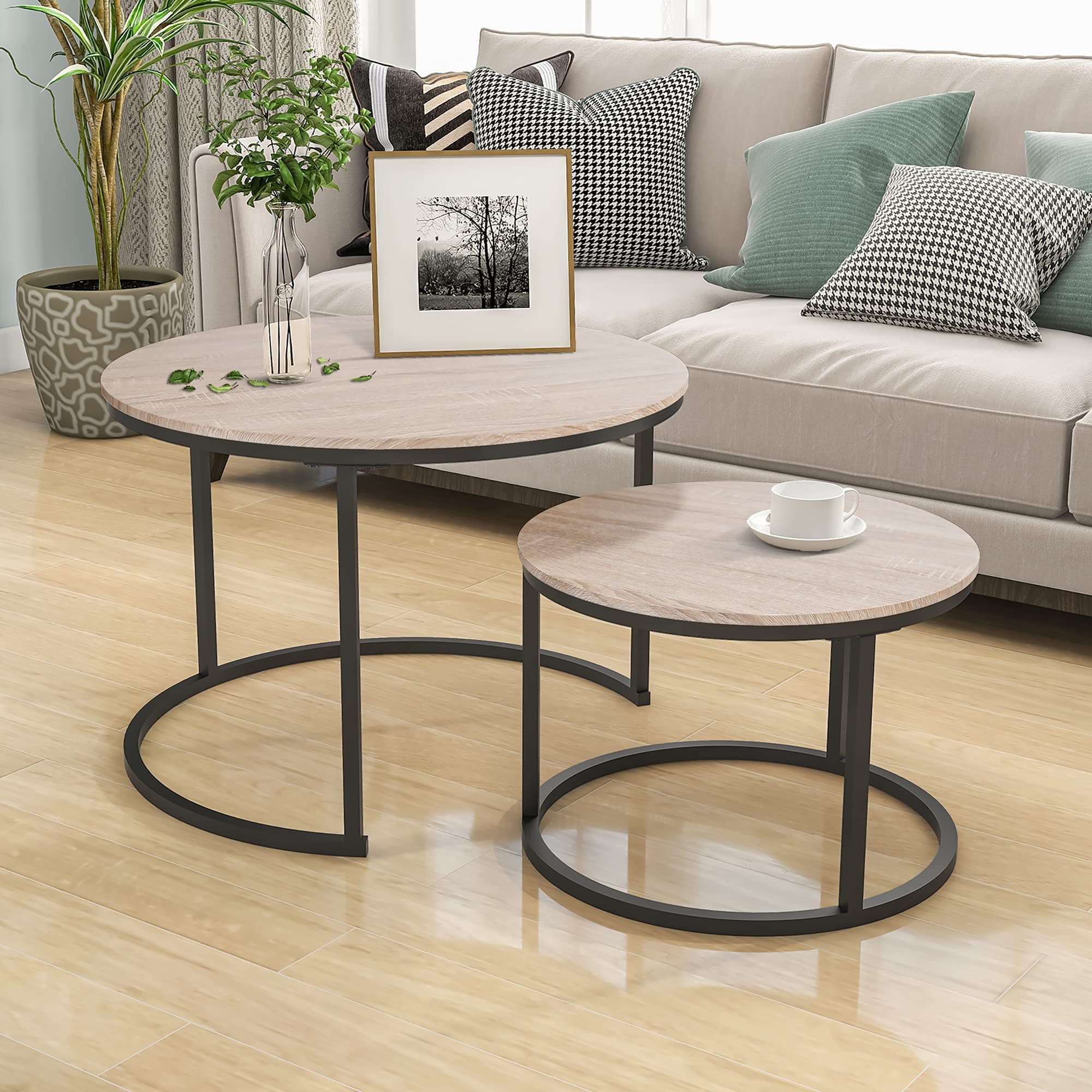HOJINLINERO Round Coffee Table,Nesting Coffee Table Set of 2,Center Tables for Living Room,Office, Home Small Space,Stacking Side Tables,Sturdy and Easy Assembly,Wood Desktop,Black+Teak OAKDK,Large