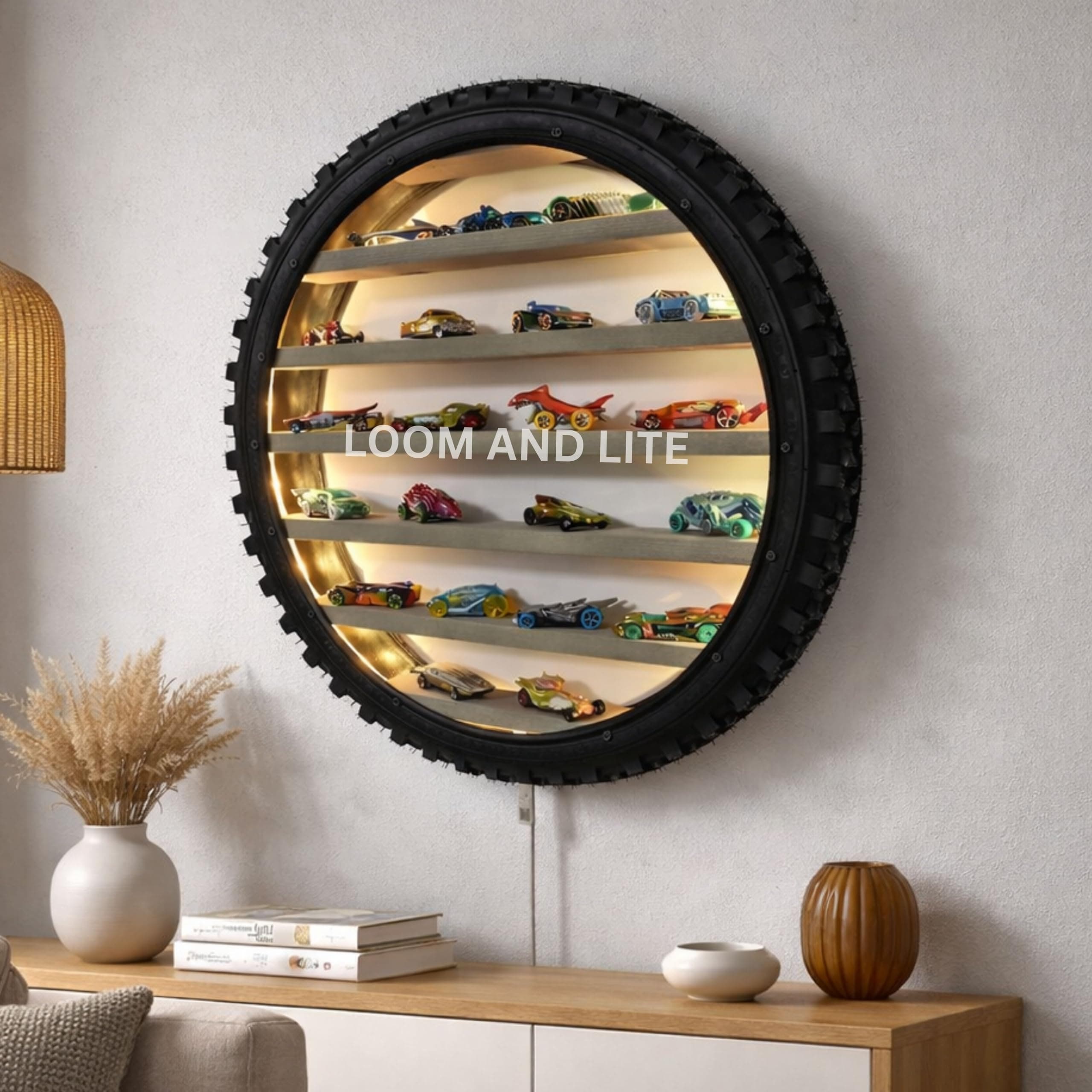 LOOM AND LITE 24-Inch Warm White Colour LED Display Shelf Wall-Mounted Storage Rack with Wooden Shelves, Tire Frame Design, RGB Backlight for Kids Room, Boys Bedroom & Playroom Décor Without Toys
