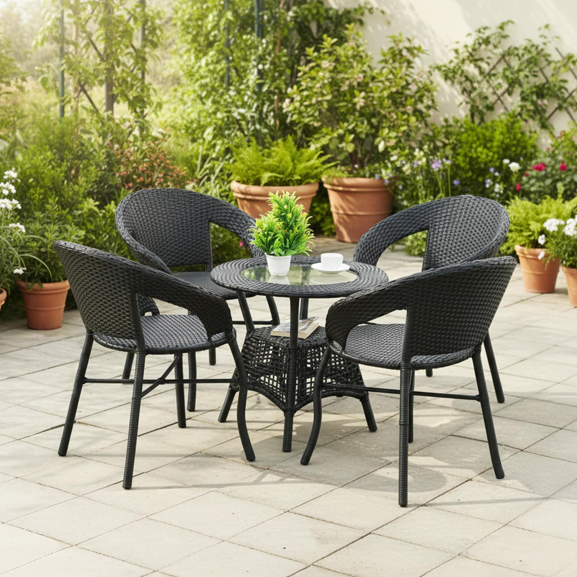 DEVOKO Aria 5-Piece Outdoor Rattan Wicker Patio Bistro Set for Garden, Backyard, Balcony, Porch, Poolside Furniture with Black All-Weather Wicker and Glass Top Table (Black)