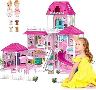 deAO Dollhouse Dream Villa 3 Levels Dollhouse with Furniture and Accessories, Play Set with 2 Dolls, Slides, Stairs, 4 Fences Dollhouse, Dollhouse Gift for 3+ Year Olds (52 x 83 x 63 cm)