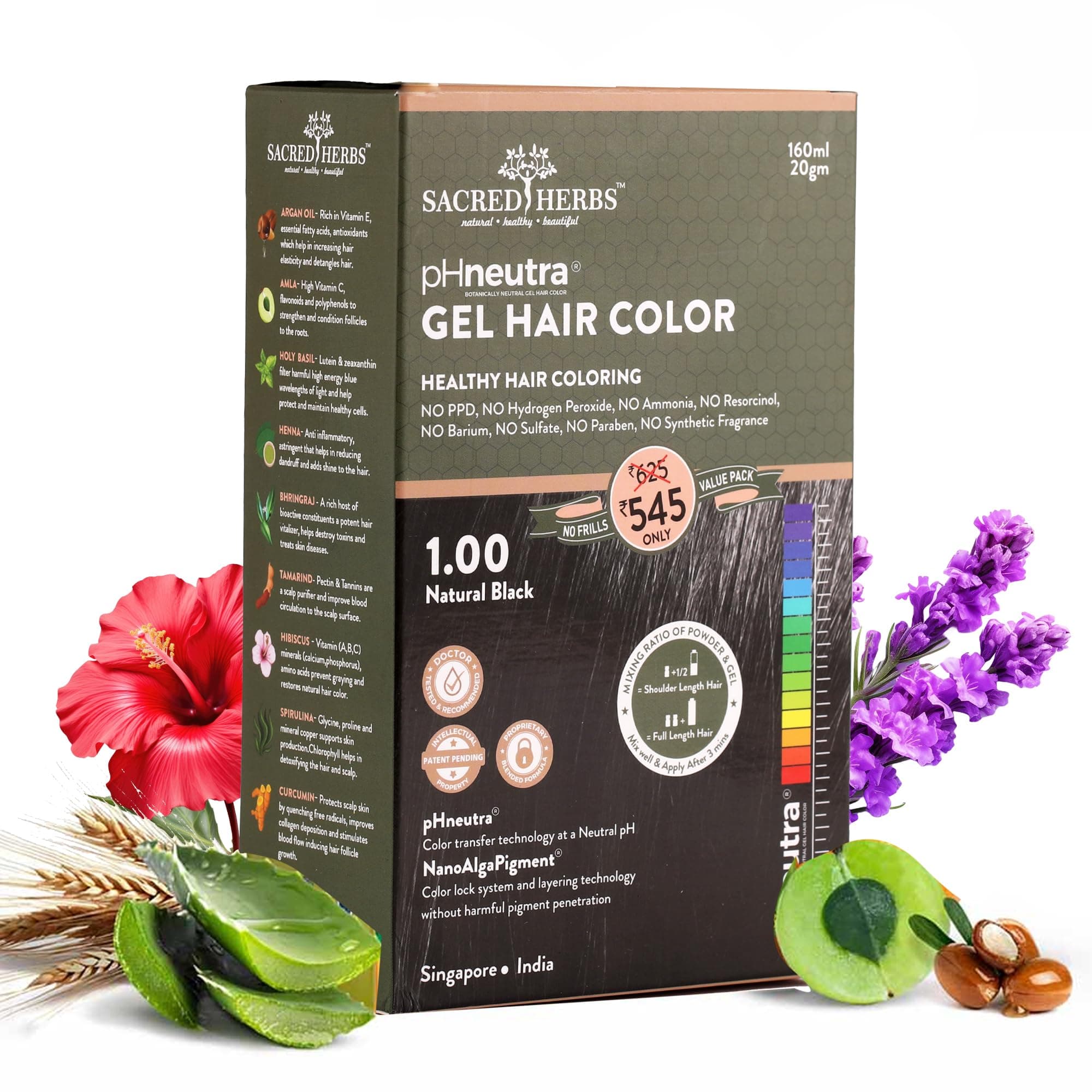 SACRED HERBS Natural Gel Hair Color | India's 1st pH Neutral Formula | Ammonia, PPD & Paraben Free | 20+ Herbal Actives | 100% Grey Coverage | Conditioning & Damage Free For Women ( NATURAL BLACK 1.00 ) 160ml + 20gm