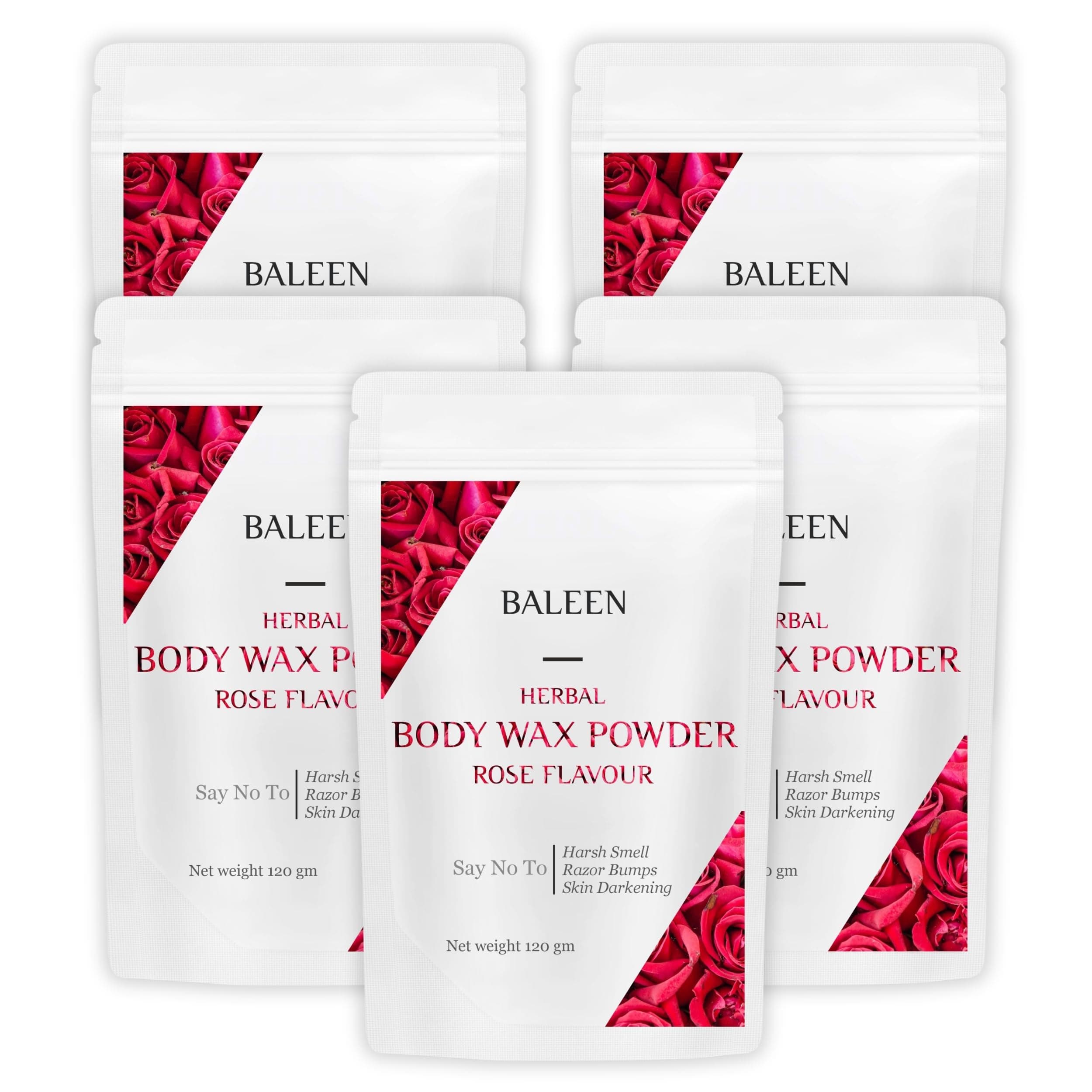 BALEEN Bikini Wax Powder Women with Rose Flavour 120 Gm (Pack Of 5) | Painless Herbal Hair Removal Powder for women Bikini Area, Legs, Hands & Underarms with No Harmful Chemicals, No Irritation