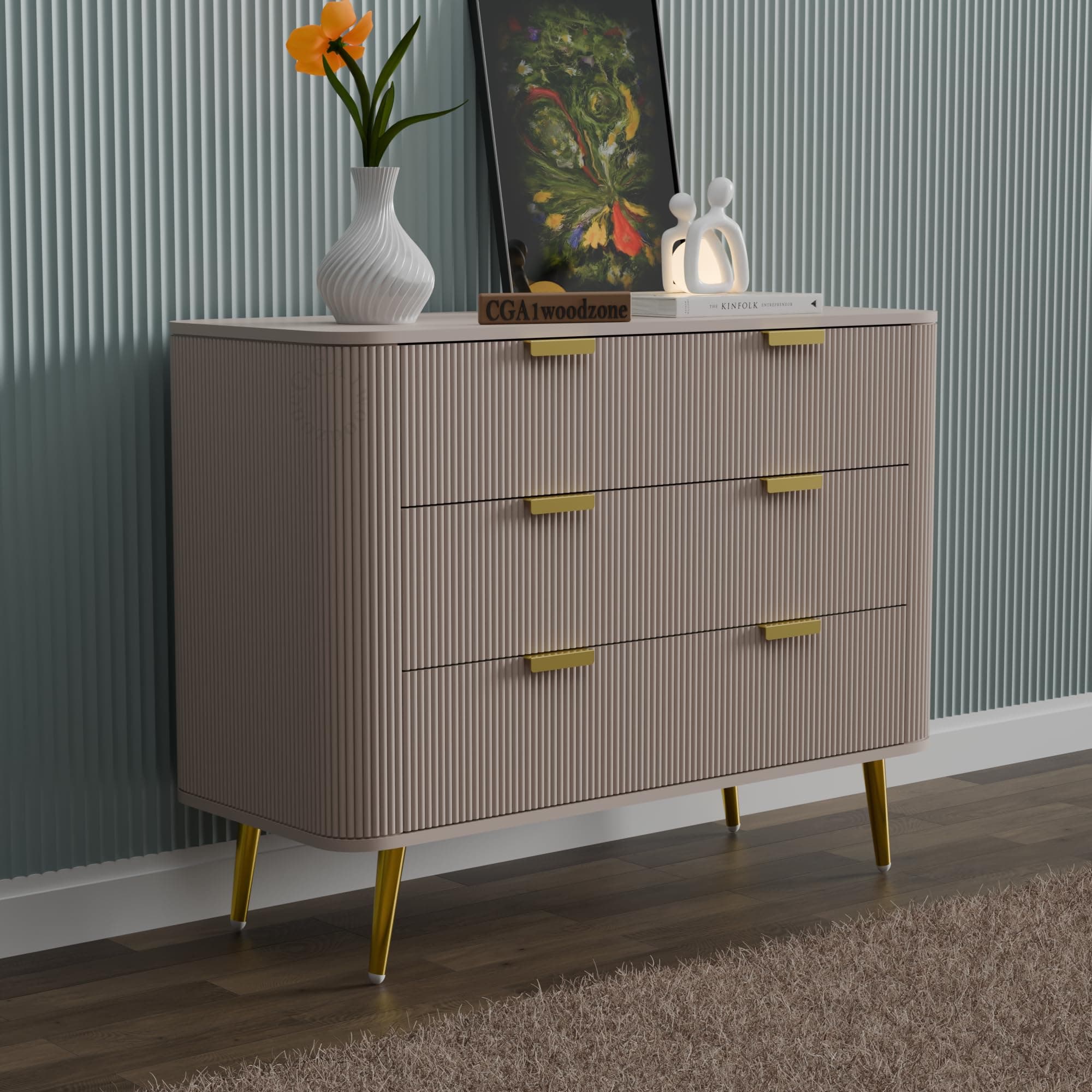 GCA1 WOODZONE Wooden Chest of Drawers | 3 Drawers Dresser Console Cabinet for Bedroom, Living Room, Drawing Room & Office | Multipurpose Storage Sideboard|HDMR Premium Wood & Iron | Taupe