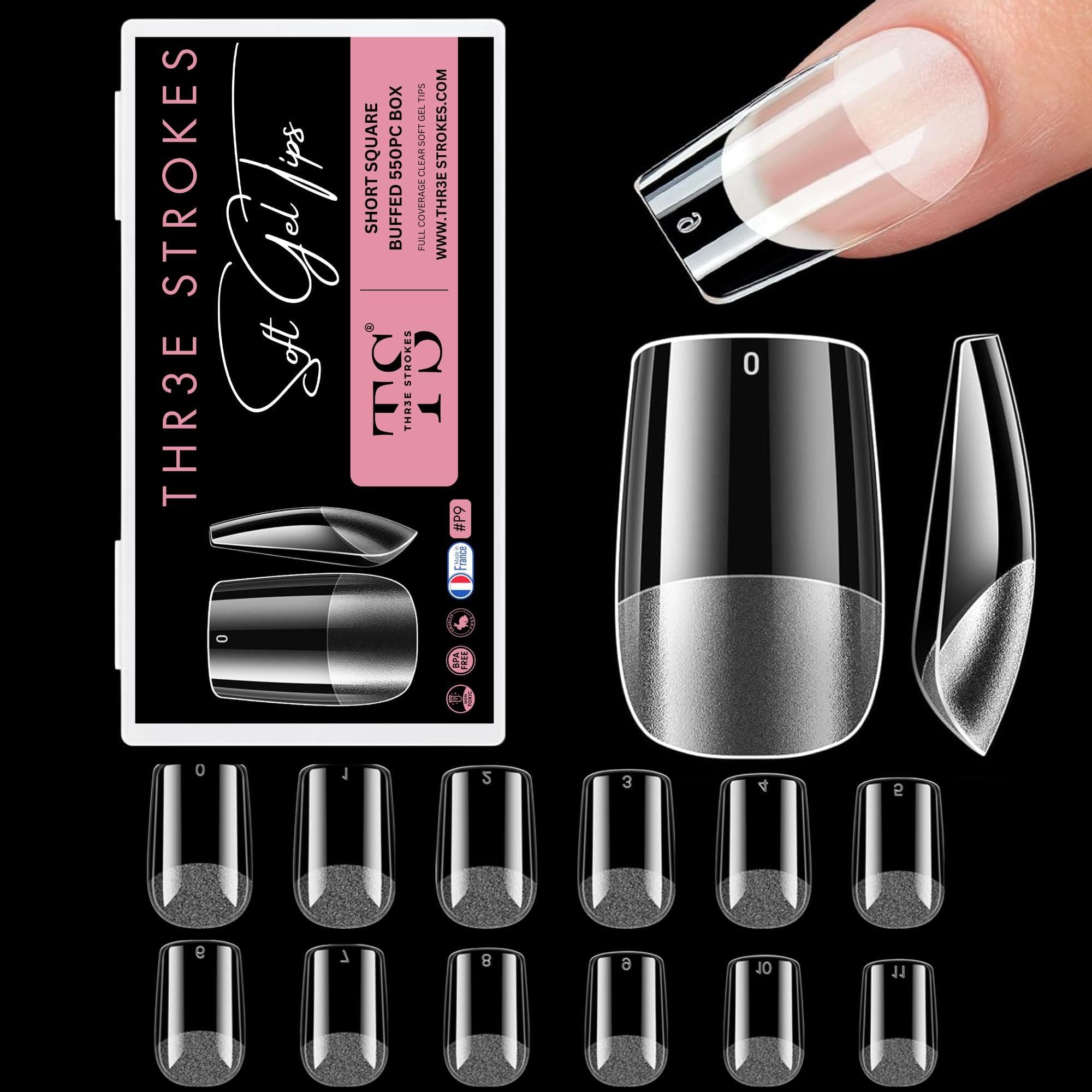 THR3E STROKES Soft Gel NailTips, Full Cover Clear Soft NailTips for Artificial False Nails Extension Nail Salons DIY Nail Art with Box, 550PCS (SHORT SQUARE P9)