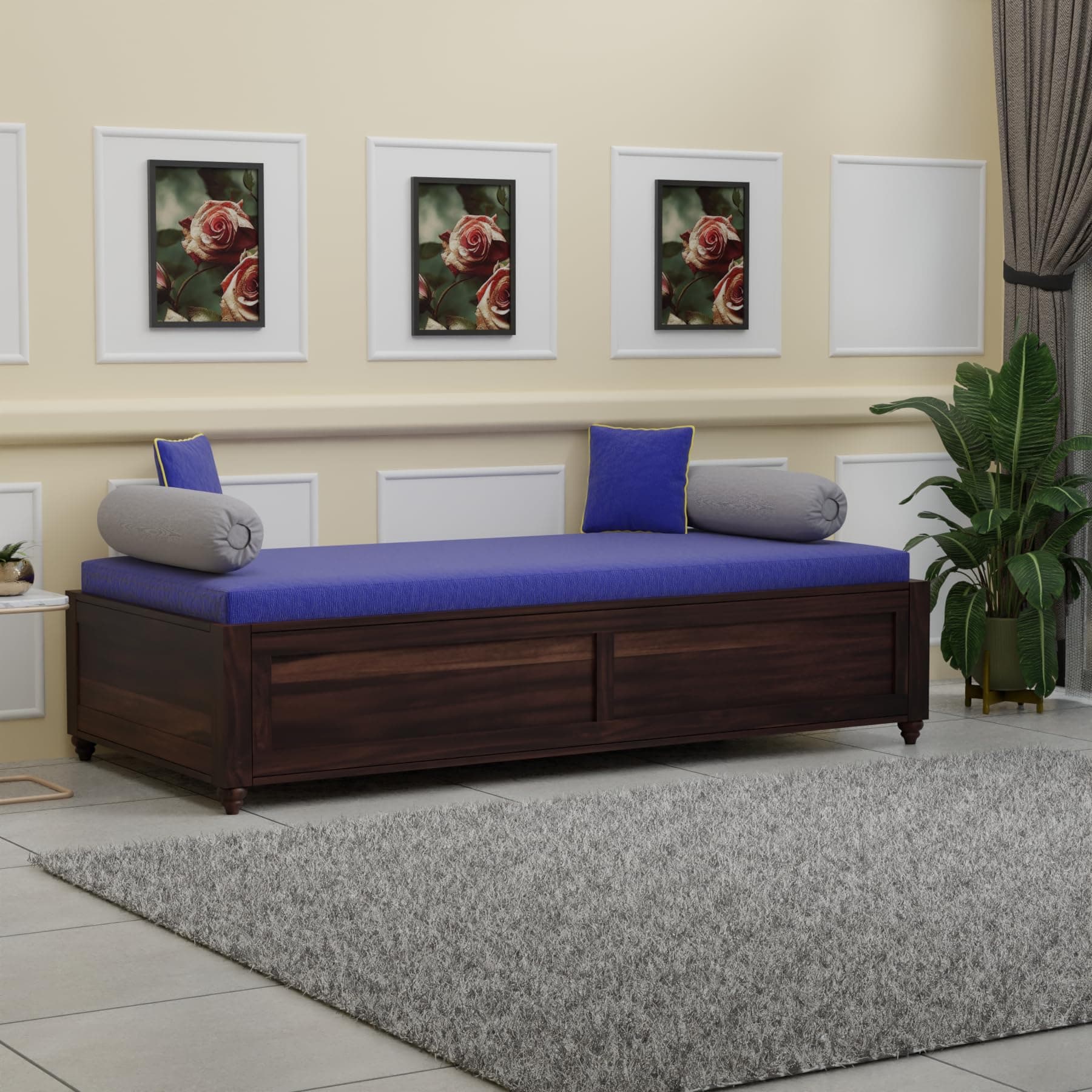 WOODTREND Solid Sheesham Wood Diwan Bed with Storage, 3 Seater Sofa Couch, Divan Cot for Home Hall Divan Bed for Living Room, Without Mattress and Without Pillow - Walnut Finish
