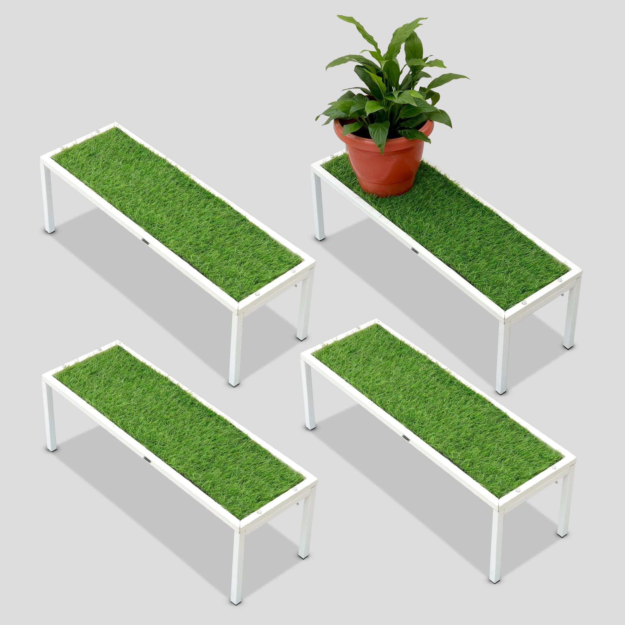 Urban Plant Apollo Metal Plant Stand with Green Grass | Decorative Pot Holder for Balcony, Garden & Home | Artificial Grass Mat Included (White – Set of 4)