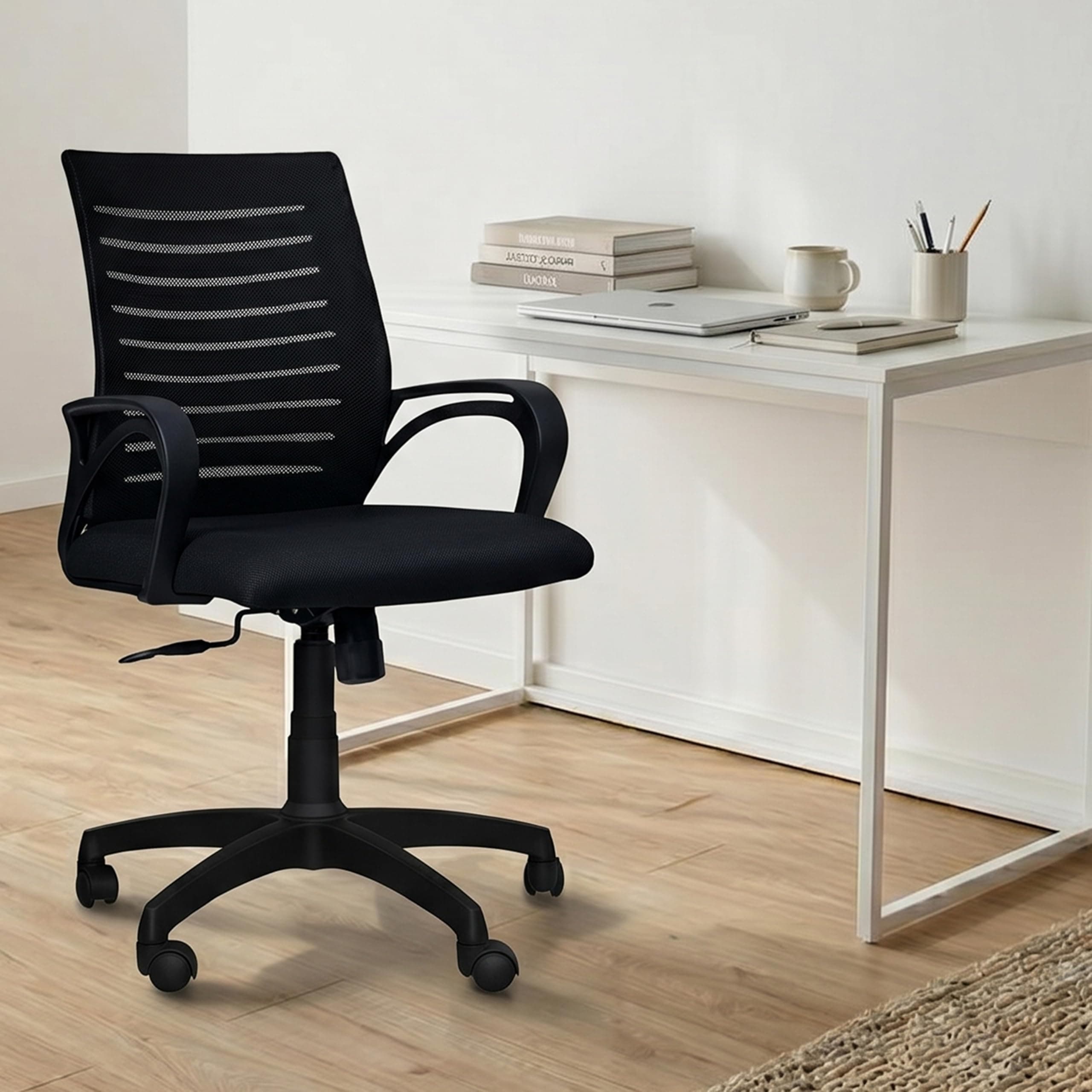 Amazon Brand - Solimo Sitly Mid Back Revolving Office Chair for Work from Home, Study, and Computer Use | Heavy Duty Base | Ergonomic Mesh Design | Durable & Comfortable Seating (Black Mesh)