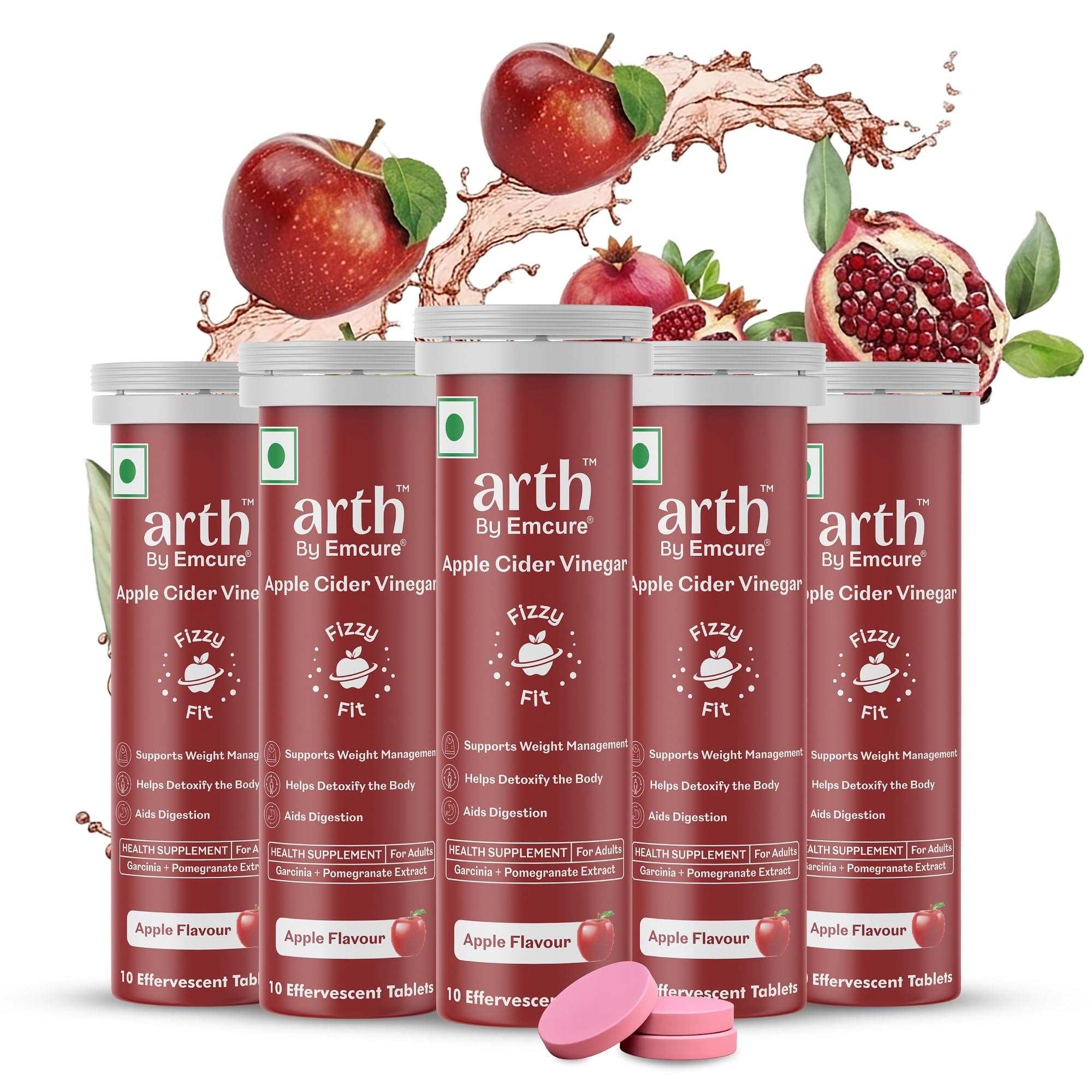 Arth Apple Cider Vinegar Effervescent Tablets 500mg | Supports Weight Management, Metabolism & Gut Health | Garcinia Cambogia, Pomegranate Extract | Vit B6 B12 | Apple Flavour | 50 Tablets