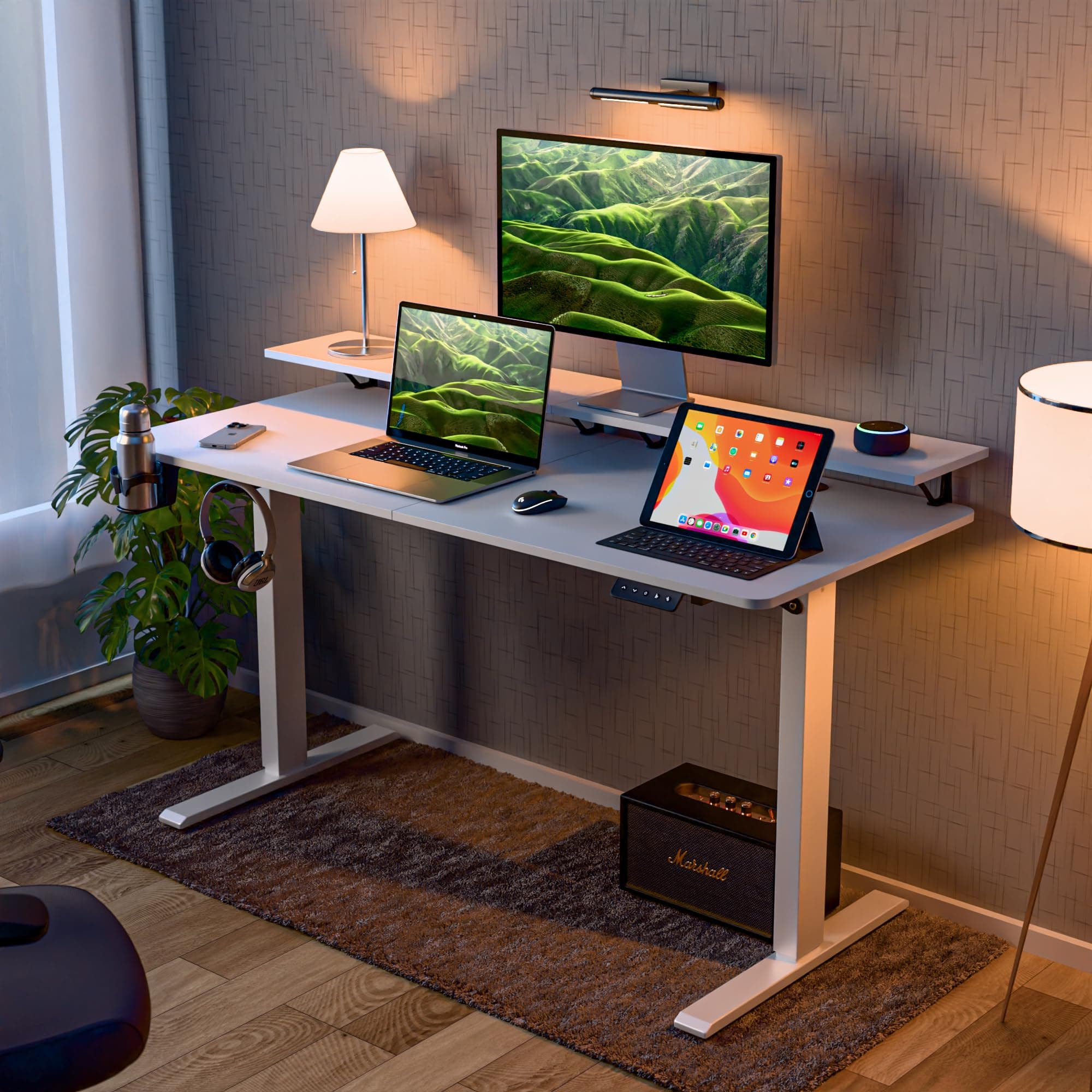 Green Soul Elevate Height Adjustable Table with Monitor Riser | Integrated Organisation | Advance Memory Preset | 3 Year Warranty | Engineered Wood| Installation Provided (White, 1400 x 600 Top)