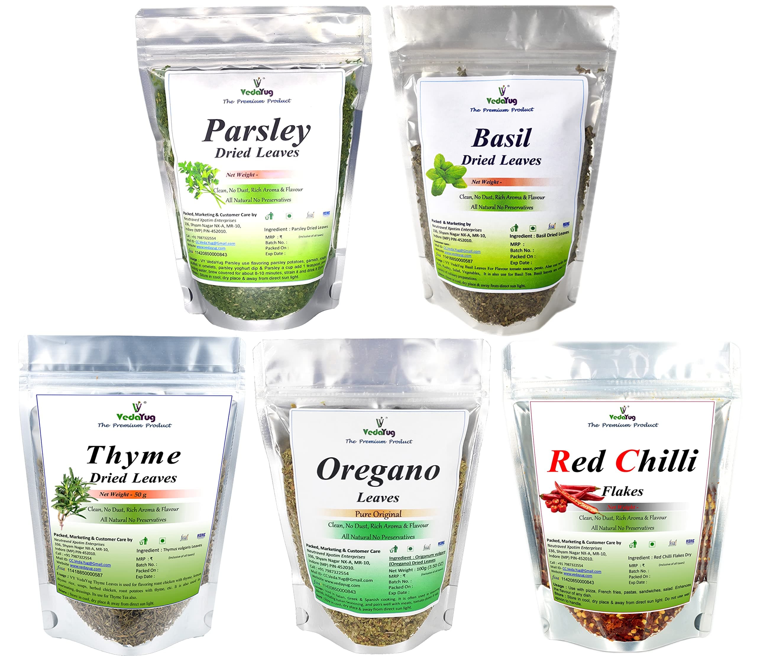 VY VedaYug Dry Herbs Combo Oregnao 35g Chilli Flakes 50g Basil Leaves 35g Parsley Leaves 30g Thyme Leaves 50g Perfect Blend of Herbs|Best Seasoning for Pizza/Pasta/Sauces and Italian Dishes