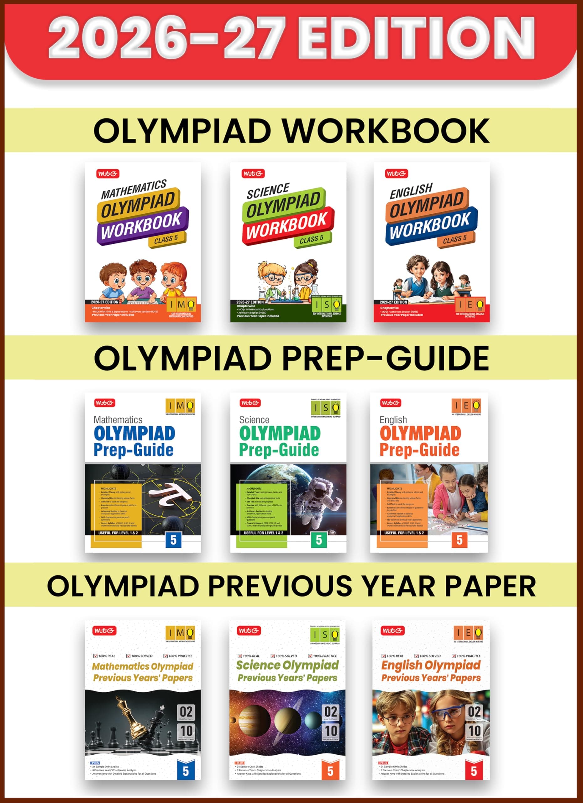 MTG Mathematics, Science, English Olympiad (IMO-ISO-IEO) Workbook, Prep Guide & Previous Years Papers Class 5 (PYQs) with Mock Test Paper - SOF Olympiad Books For 2026-27 Exam (Set of 9 Books)