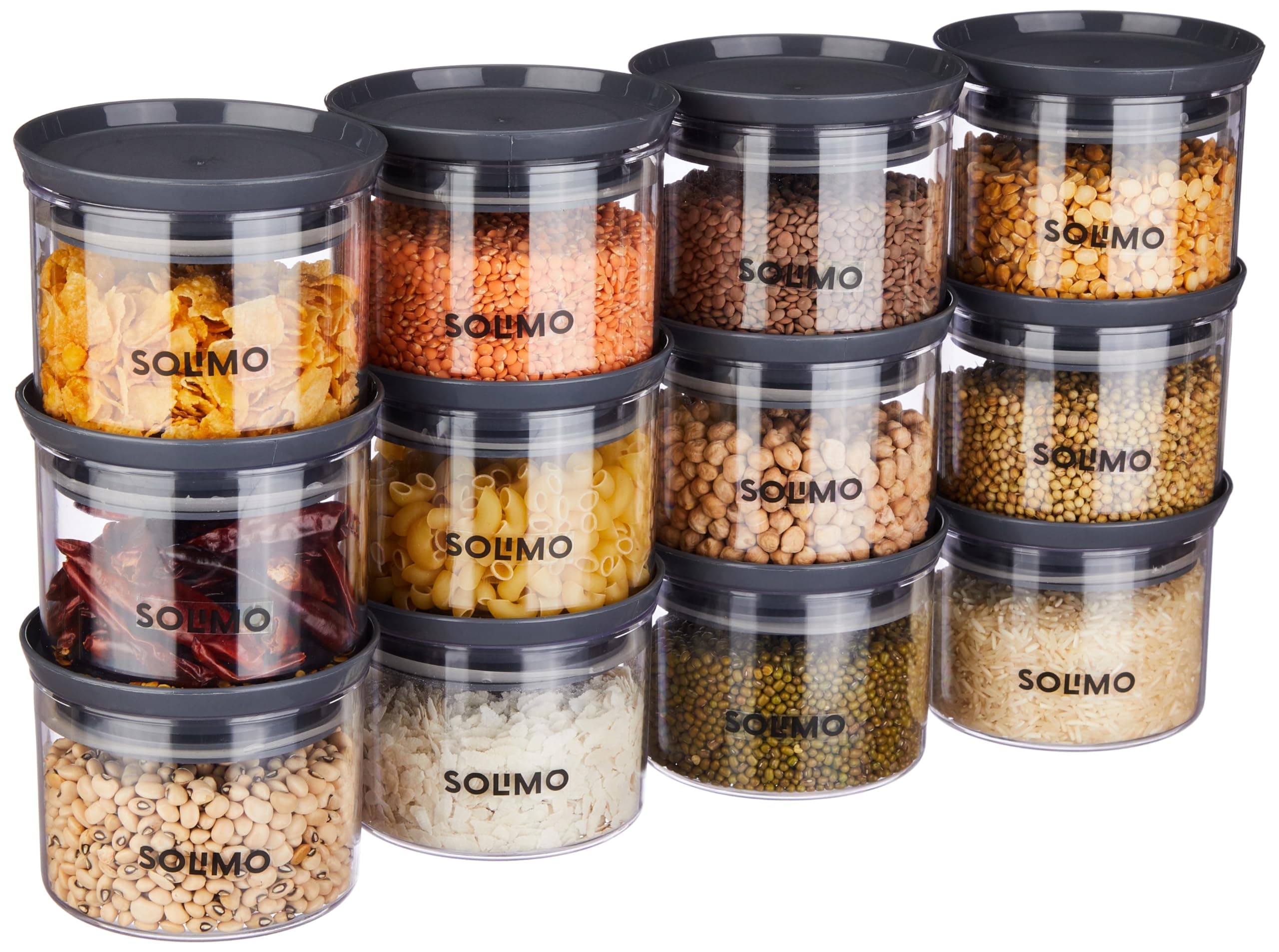 Amazon Solimo Plastic Storage Jar and Container Set I Air Tight & BPA Free Containers for Kitchen Storage Set I Grocery Kitchen Container Set I Multipurpose Jar, 500 Ml Each, Set 12, Grey