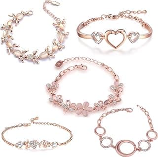 Om Jewells Valentine Gift Rose Gold Plated Jewellery Combo Of 5 Adjustable Chain Bangle Bracelet Emblished With White Crystal Elements Fitted for Girls & Women CO1000280 (Pink)