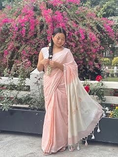 Women's Yellow Linen Saree with Contrast White Pallu & Tassels